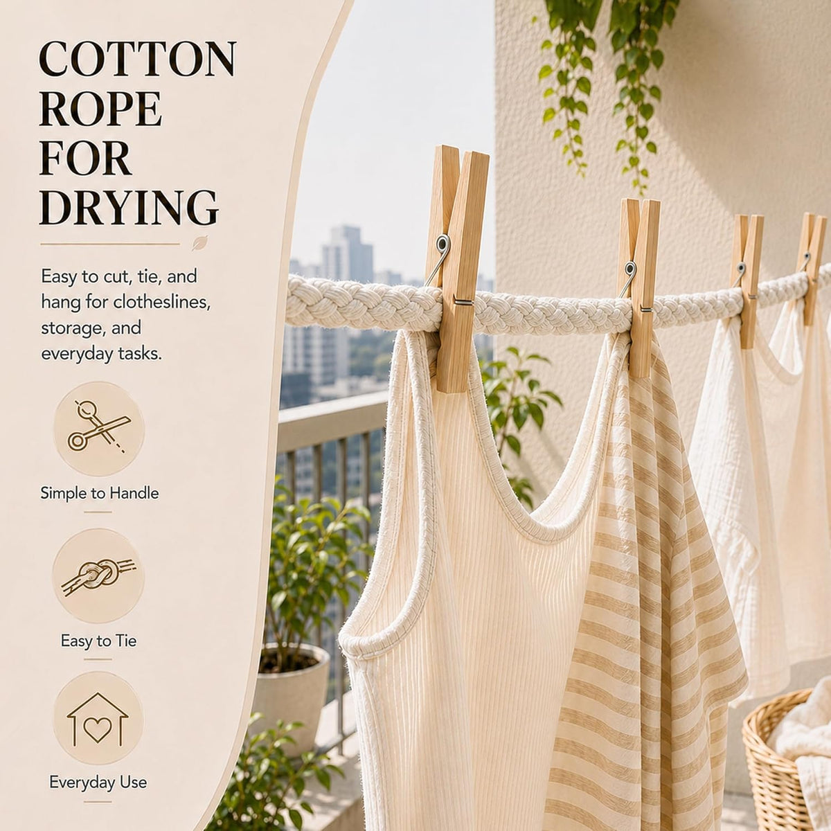 Side angle of Yuzenet braided white cotton rope showing coil structure