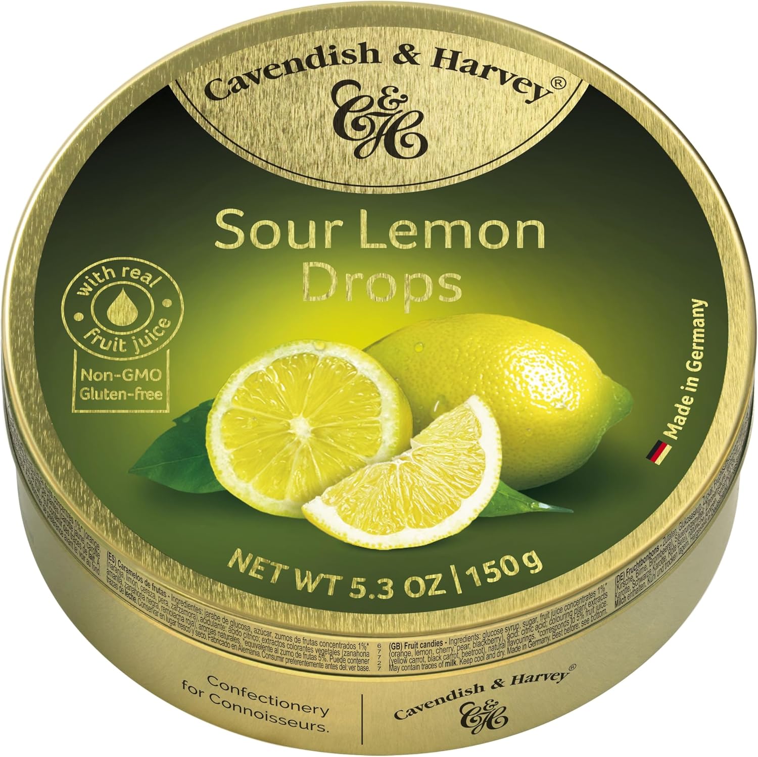 Cavendish & Harvey Sour Lemon Hard Candy Drops front view premium gold tin