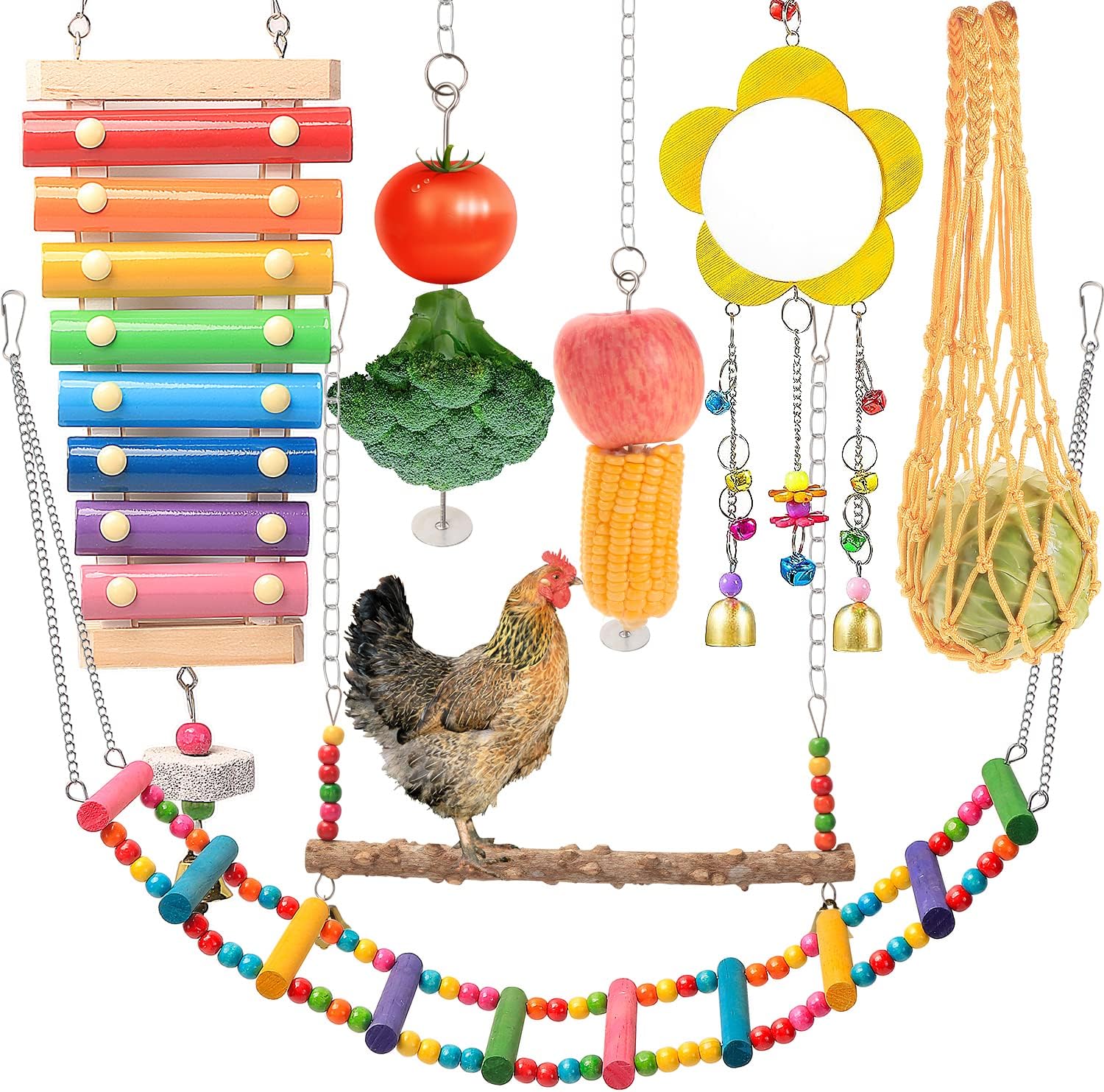 KAKUNM chicken toys for coop 7 piece set front view showing full enrichment kit