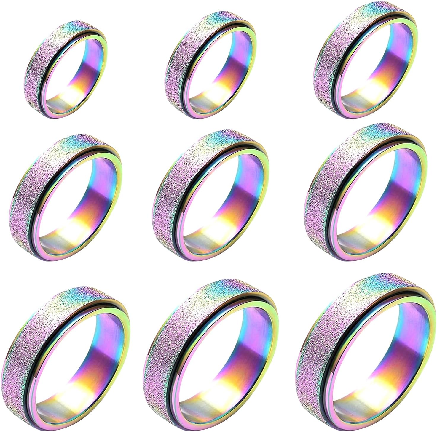 17Dec 9-Pack Stainless Steel Fidget Ring Set front view showcasing assorted rainbow and silver spinner bands for anxiety relief.