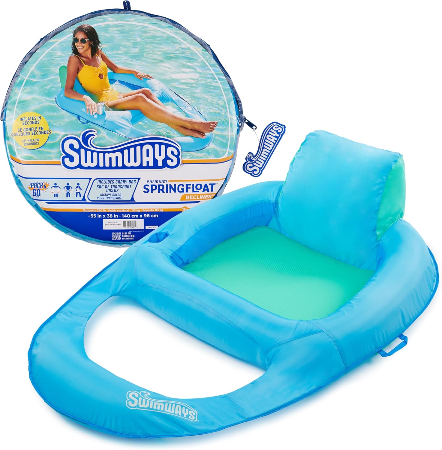 SwimWays Spring Float Premium Recliner Pool Lounger front view floating on blue swimming pool water.