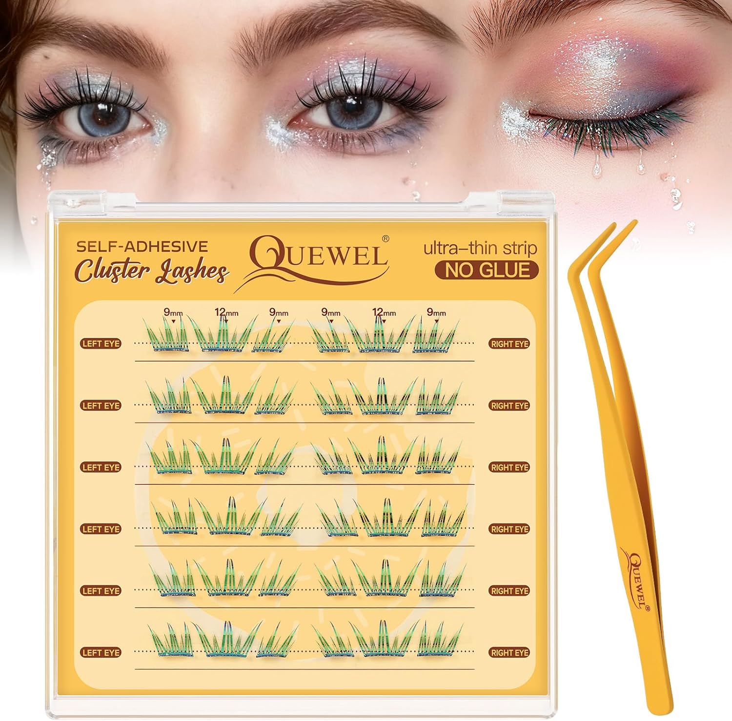 QUEWEL Self Adhesive Eyelashes, Colored Lash Clusters with Tweezer,36 PCS Pre Glued Eyelashes Clusters with 9-12mm, No Glue Needed Unique Matching to Enhance Charm(ZZBP-01) - Image 1