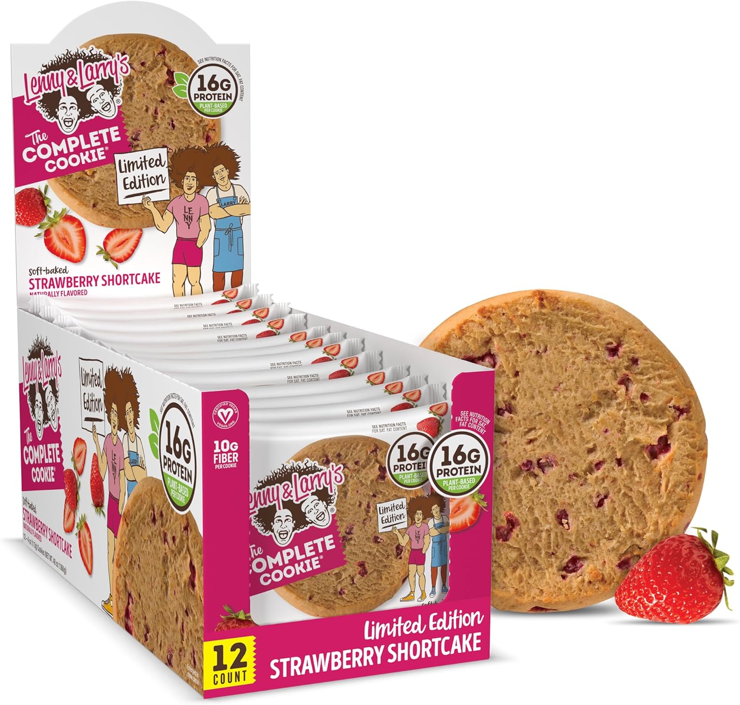 Lenny & Larry's Strawberry Shortcake Complete Cookie 12 pack front view plant protein snack
