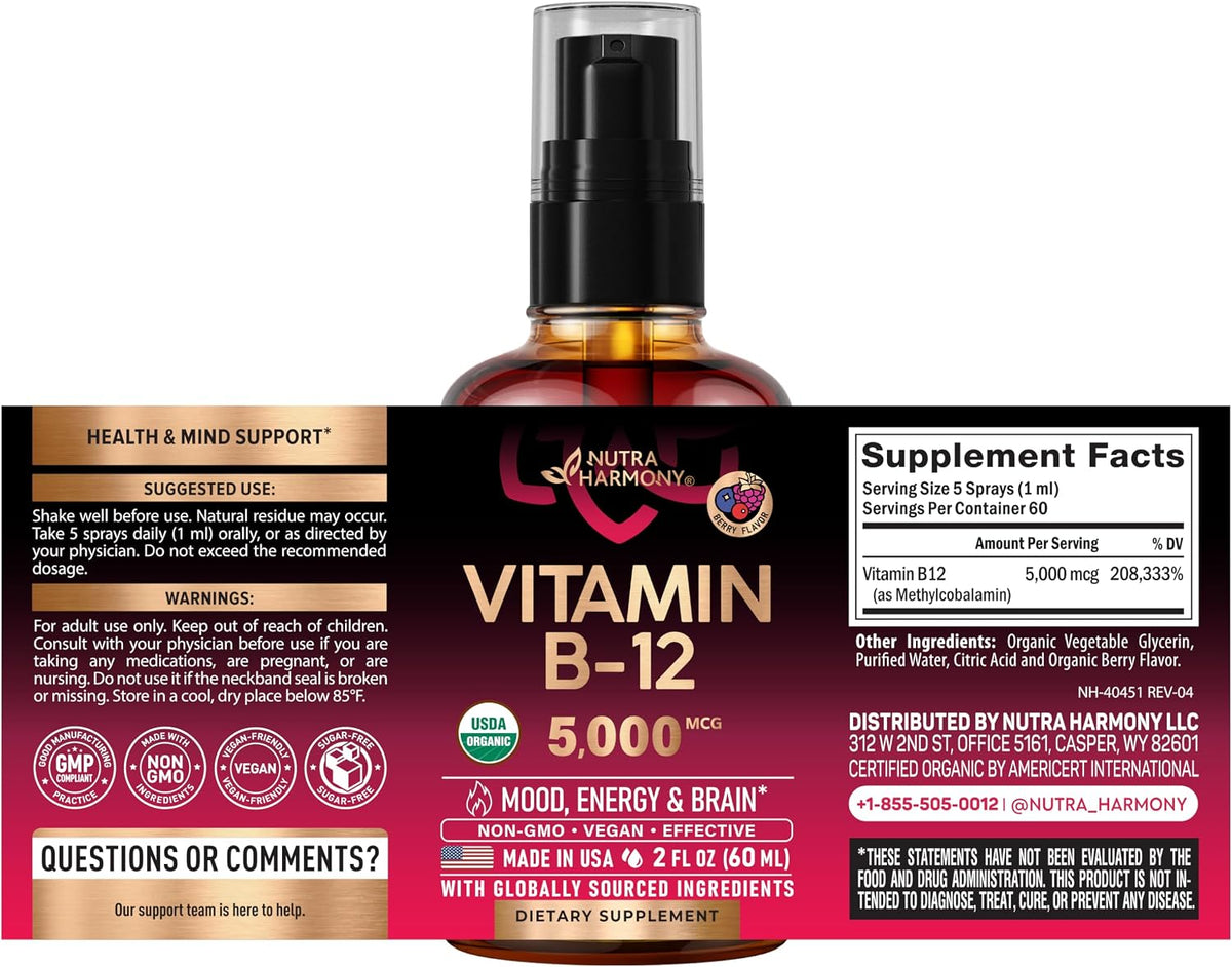 Nutraharmony vitamin B12 spray bottle nutritional facts label