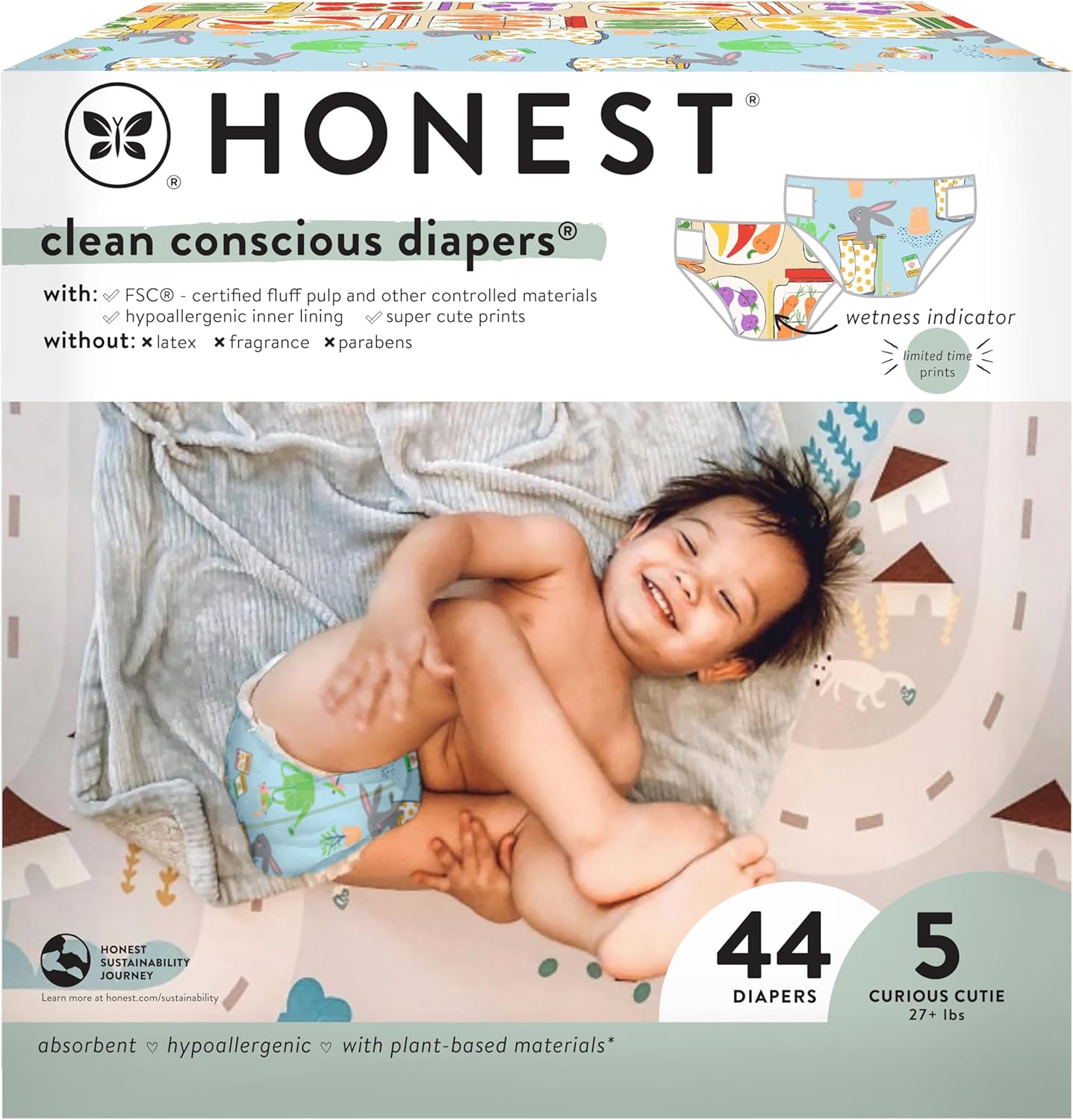 The Honest Company Comfort Dry Disposable Diapers for Sensitive Skin, Hypoallergenic, Fragrance-Free, Spring '25 Seasonal Prints, Club Box, Size 5 (27 lbs), 44 Count - Image 1