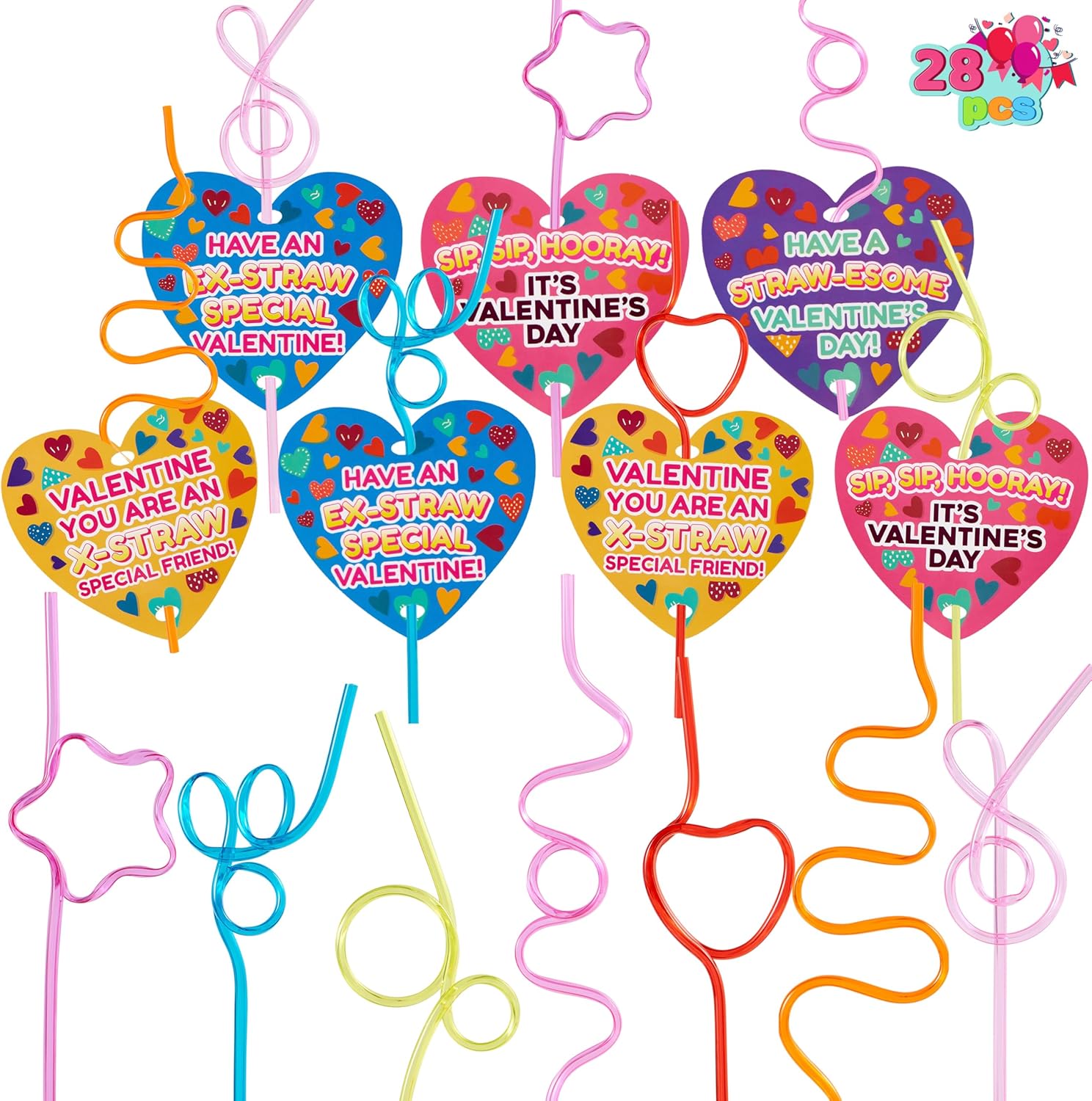 JOYIN 28 Pack Valentine's Day Gift Cards front view showing colorful crazy loop reusable drinking straws.