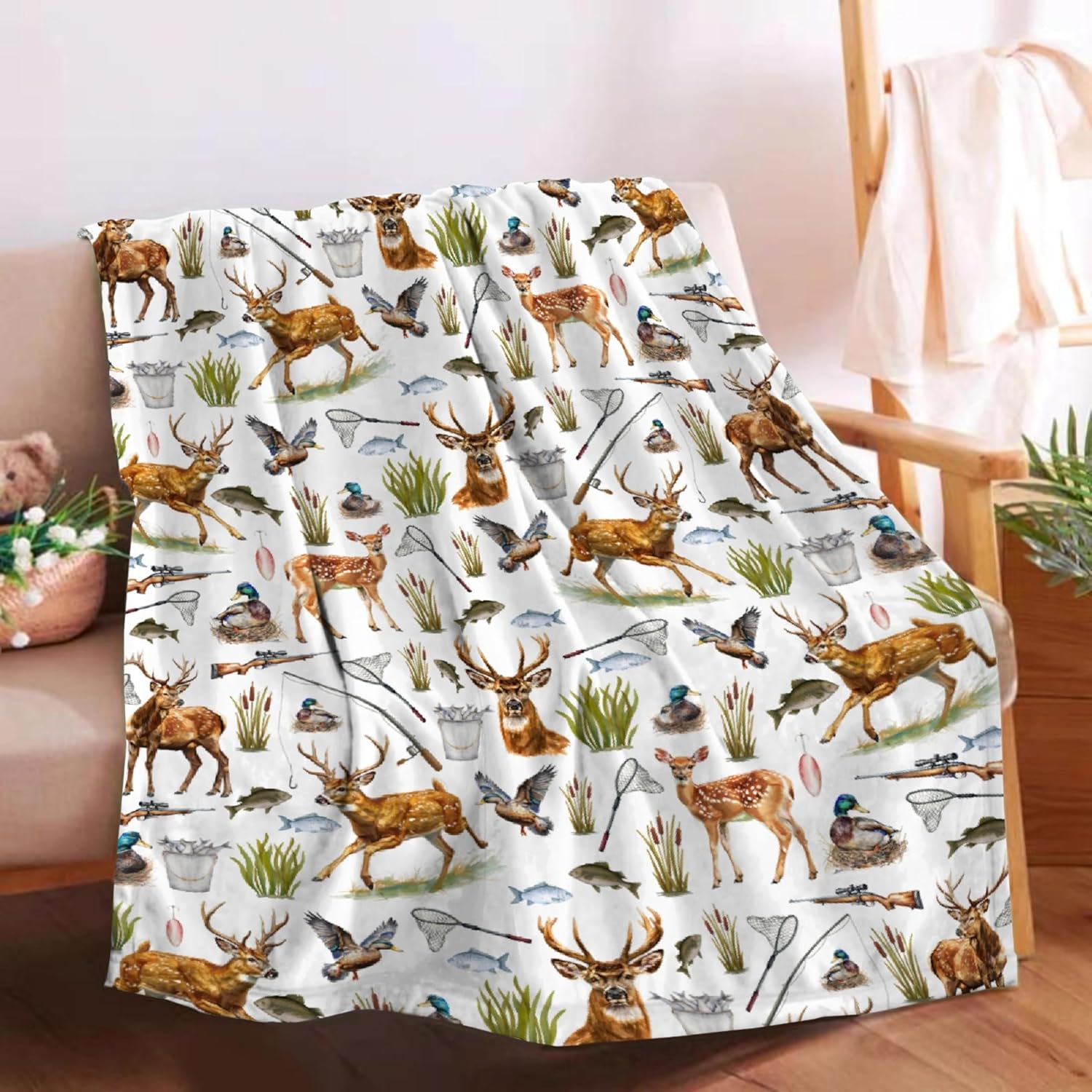 Home Centre Deer Hunting Outdoor Adventure Art Decor Blanket front view showcasing rustic wildlife pattern.
