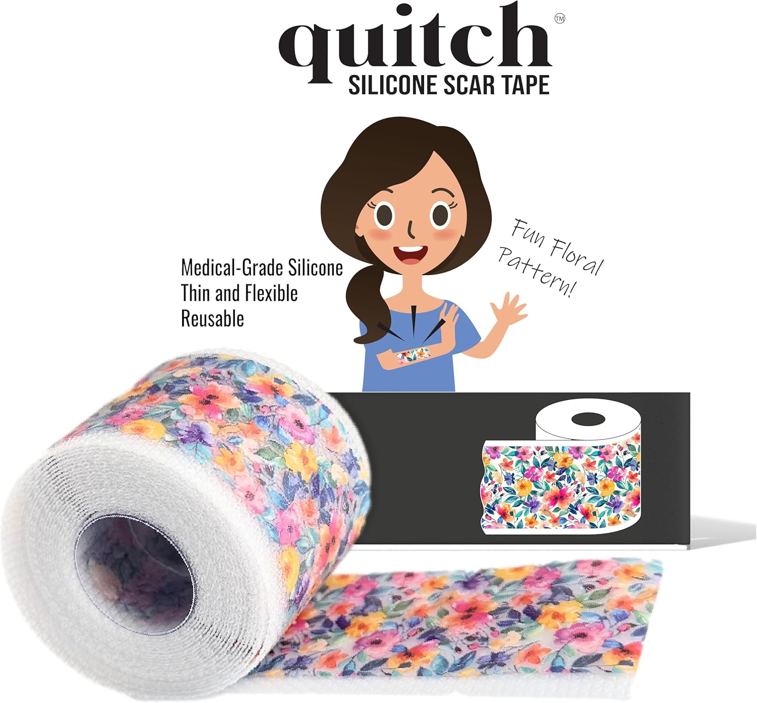 Quitch Silicone Scar Sheets for Surgical Scars, Silicone Scar Tape, C Section Recovery Must Haves, Tummy Tuck Recovery Must Haves, Postpartum Essentials Scar Treatment (Floral) 4x150cm - Image 1