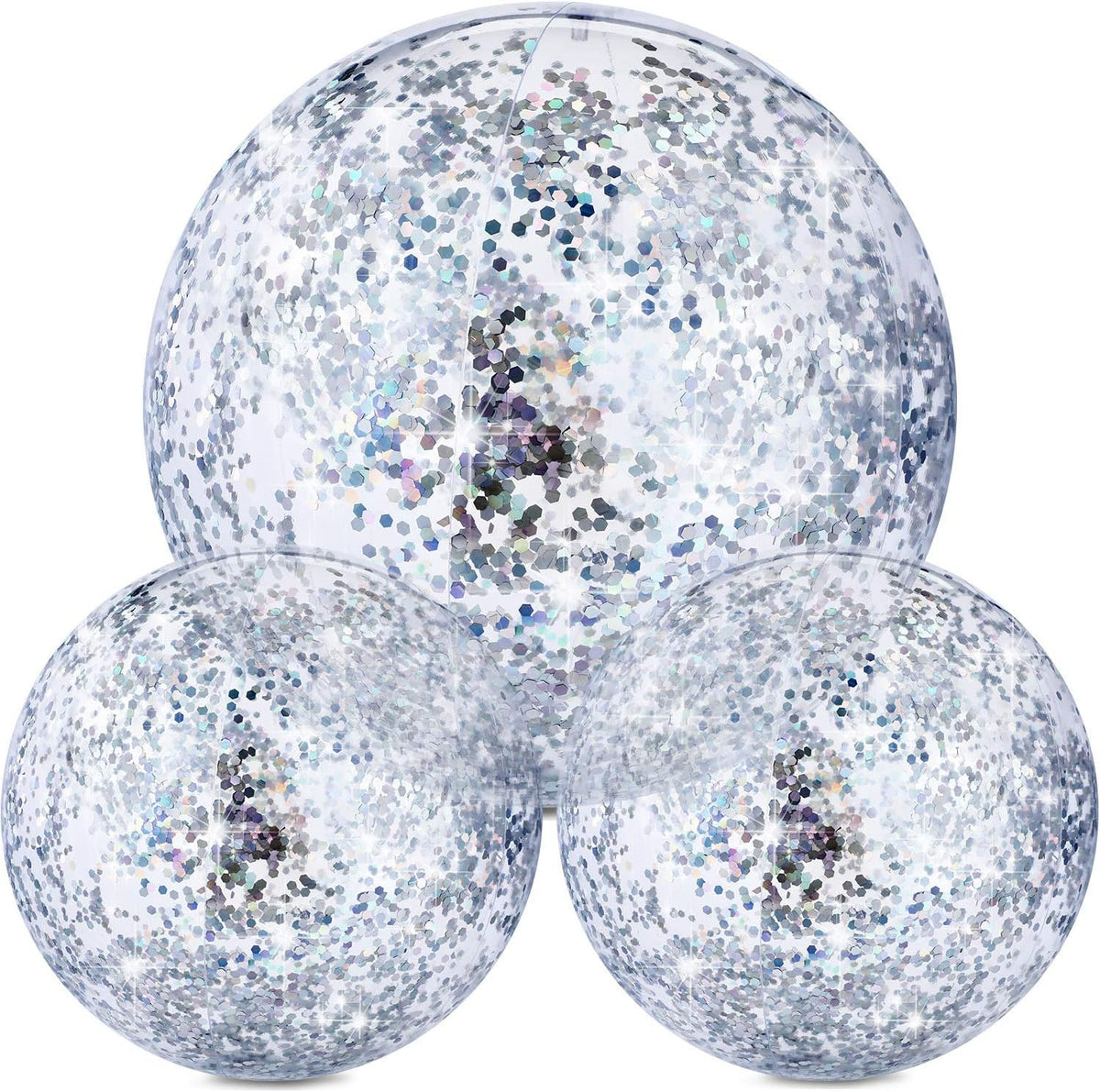 Hsei Inflatable Glitter Beach Ball front view showing three silver confetti filled pool toys.