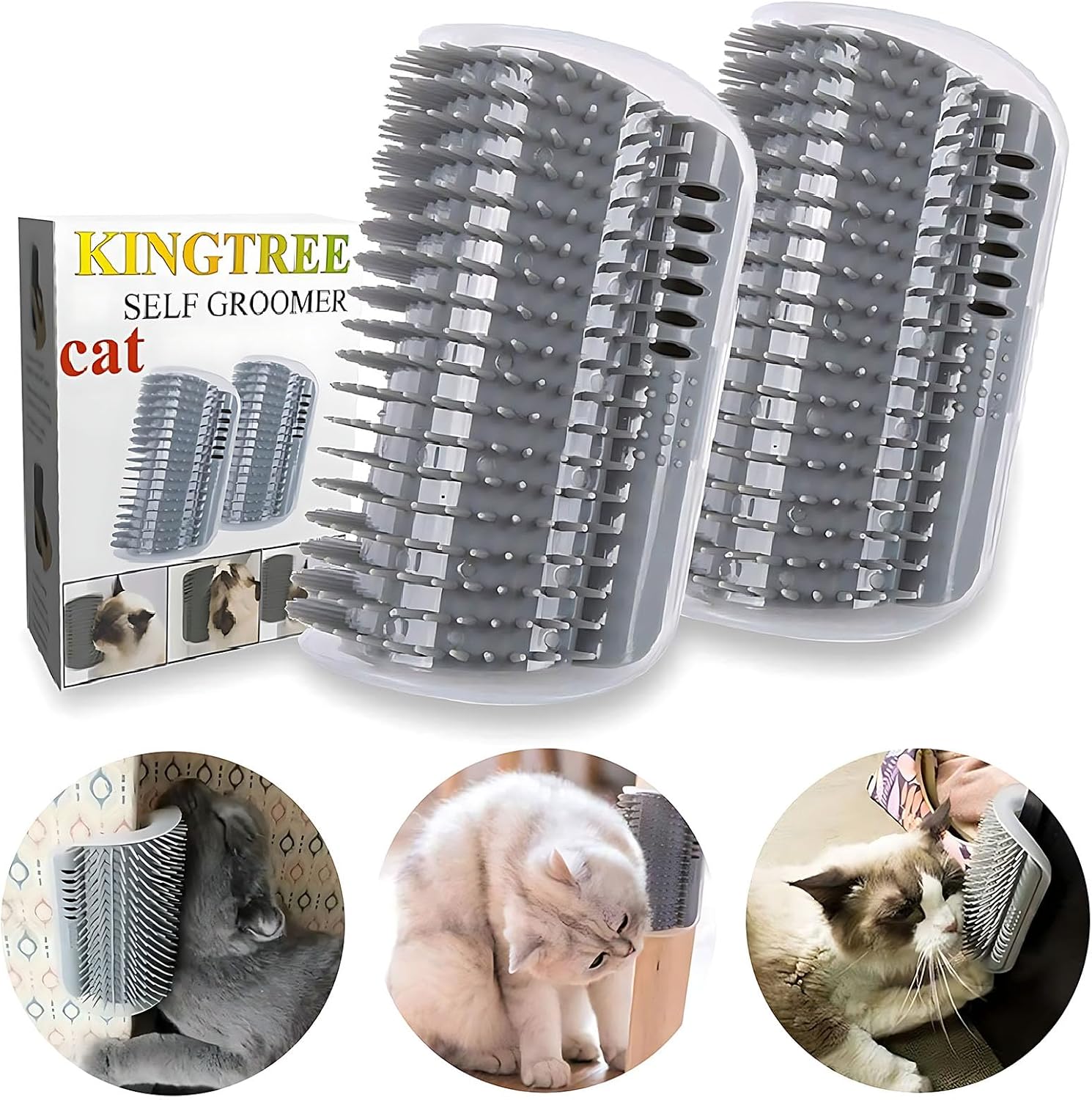 Kingtree Cat Corner Scratcher Self Groomer front view showing grey soft bristles and U-shaped mounting base