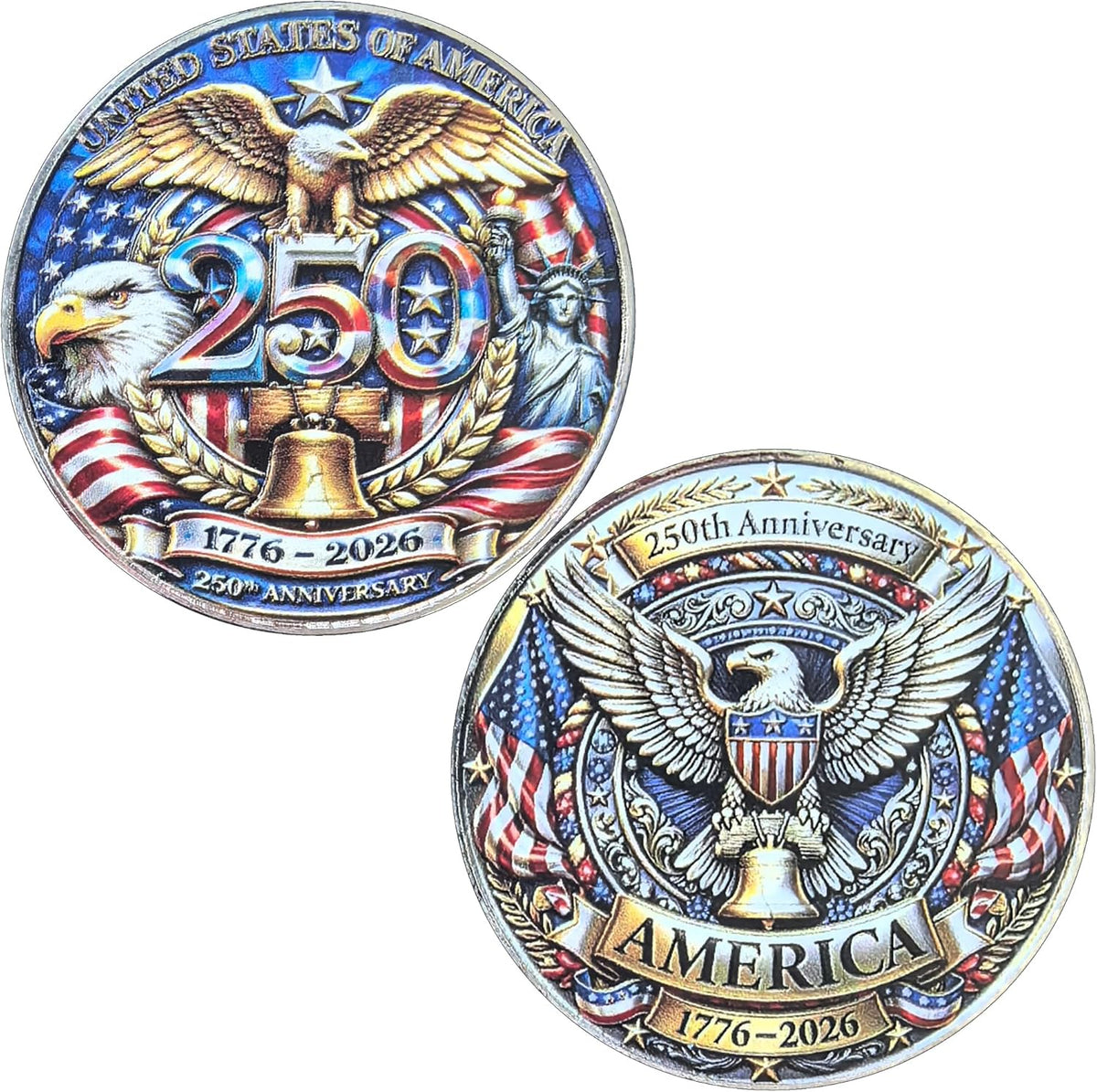YKshop American 250th Anniversary Challenge Coin front view displaying the detailed Liberty Bell and Statue of Liberty design.
