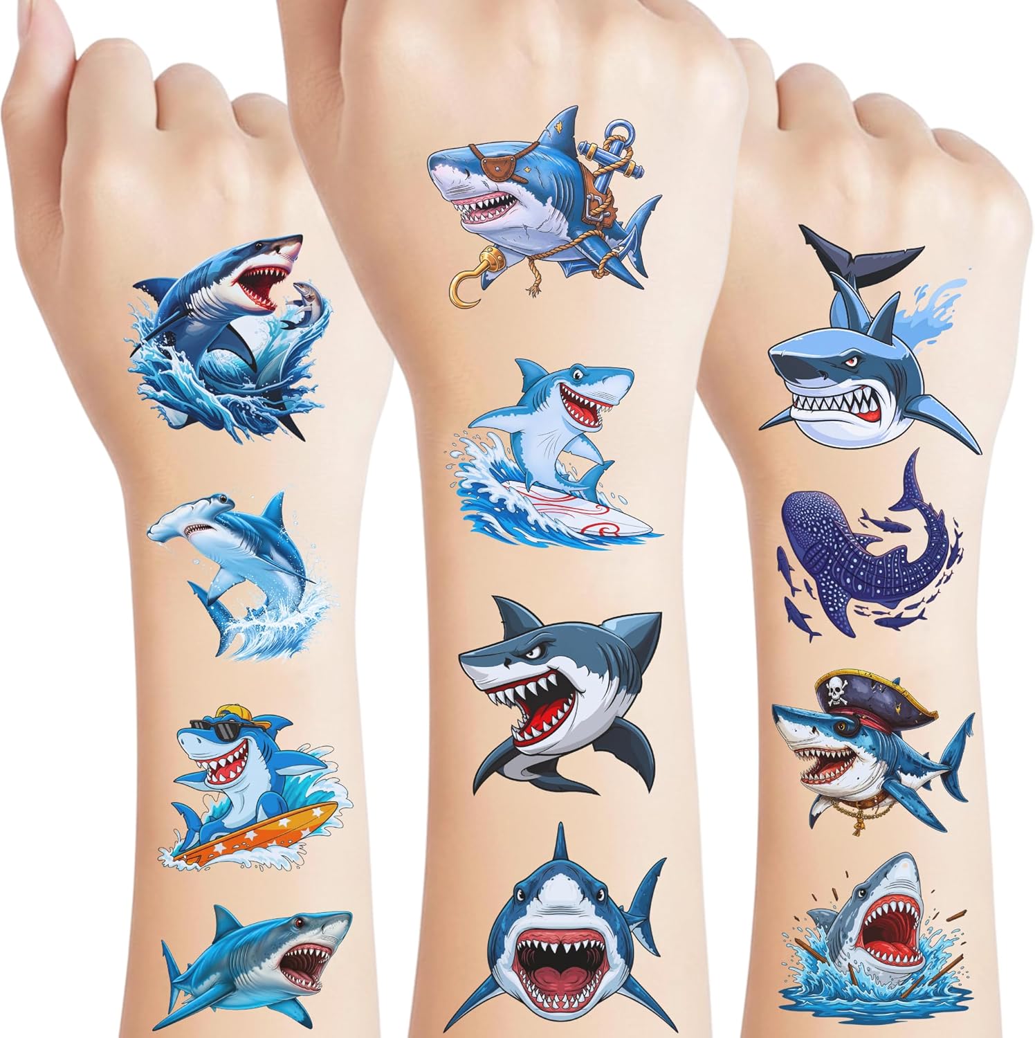 Backtopeia shark temporary tattoos pack front view with cartoon ocean designs