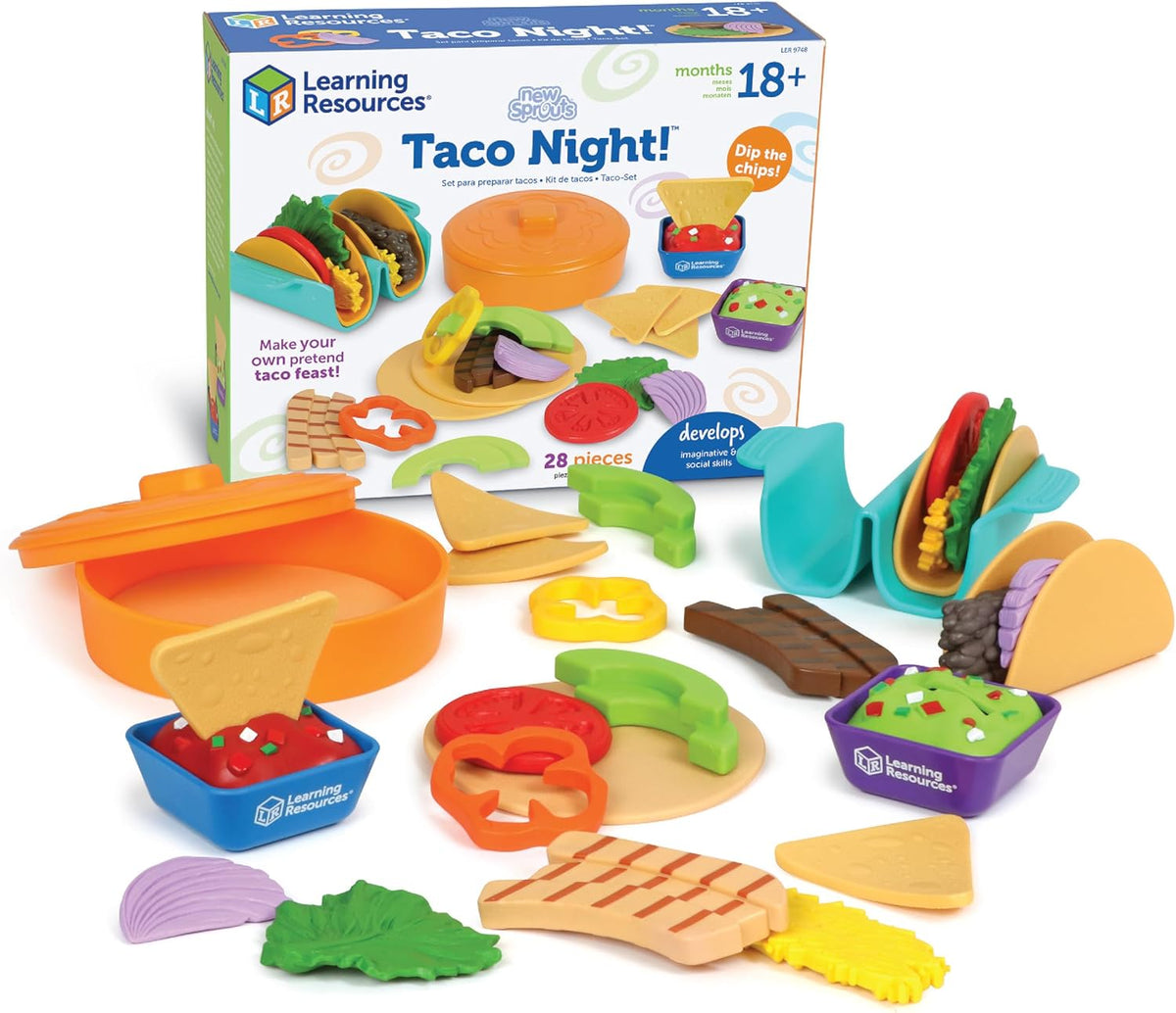 Learning Resources New Sprouts Taco Night front view featuring 28 pretend play food pieces