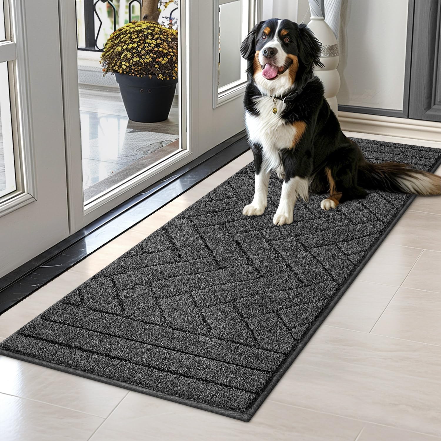 Tindbea dog mat for muddy paws front view showing the grey chevron pattern.
