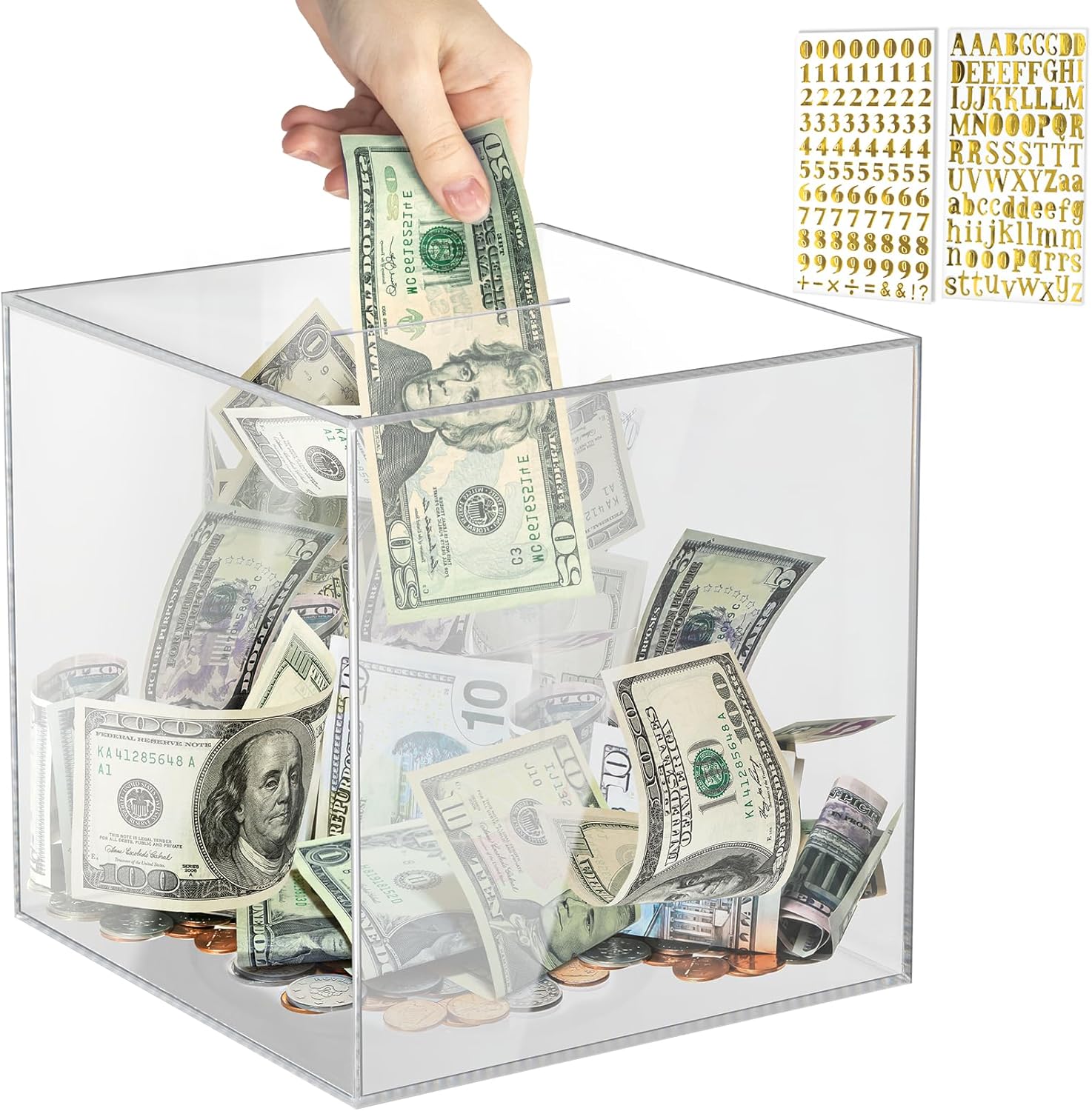 Vcertcpl acrylic clear piggy bank front view displaying cash savings inside.