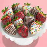 Close up of gourmet chocolate covered strawberries with sprinkles