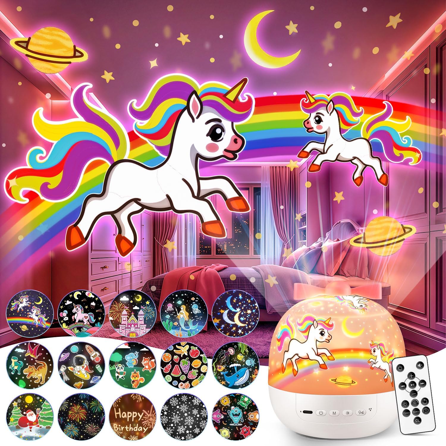 PIKOY unicorn night light projector front view showing the cute pink themed housing and control buttons
