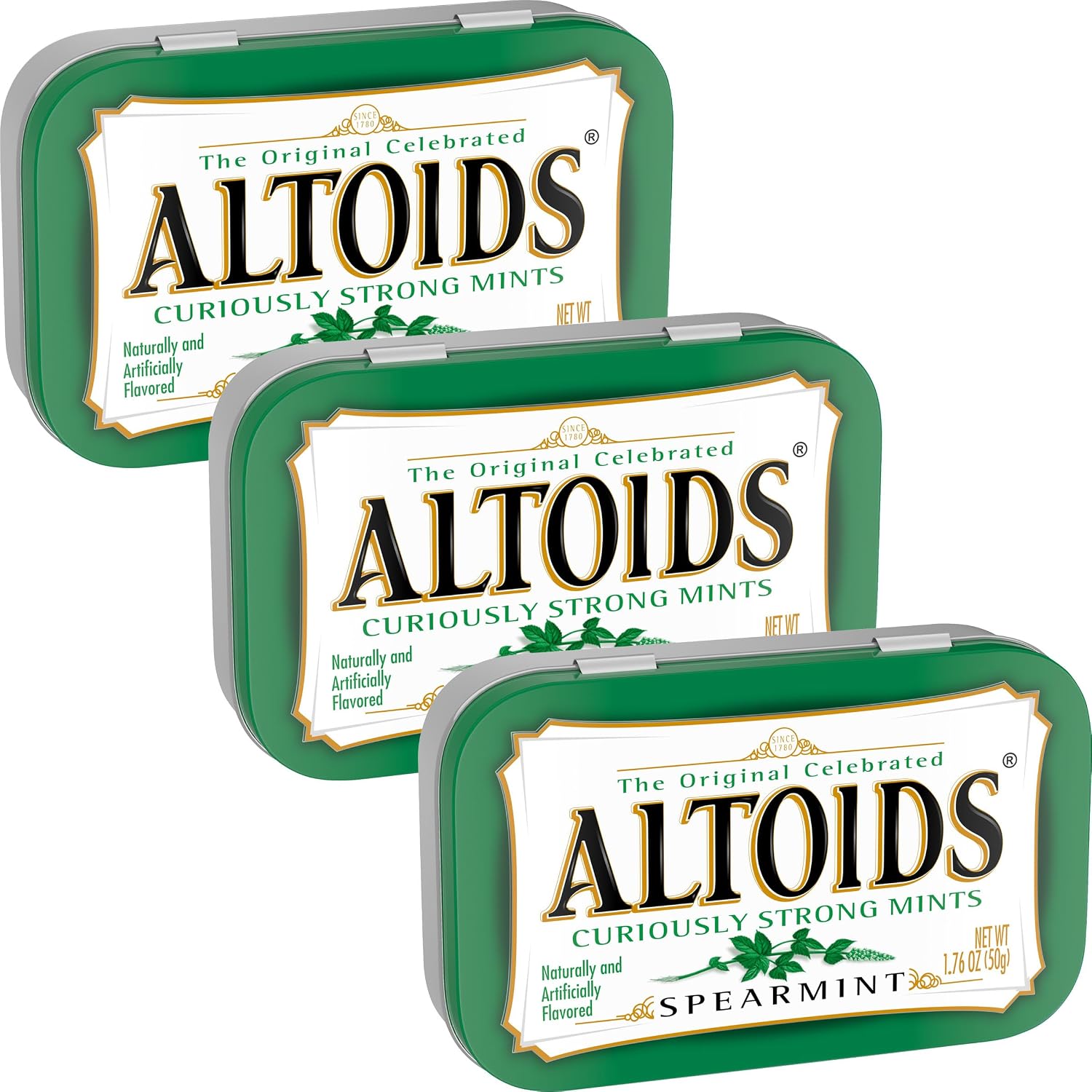 Biteza Spearmint Curiously Strong Mints front view of the pocket sized metal tin pack.
