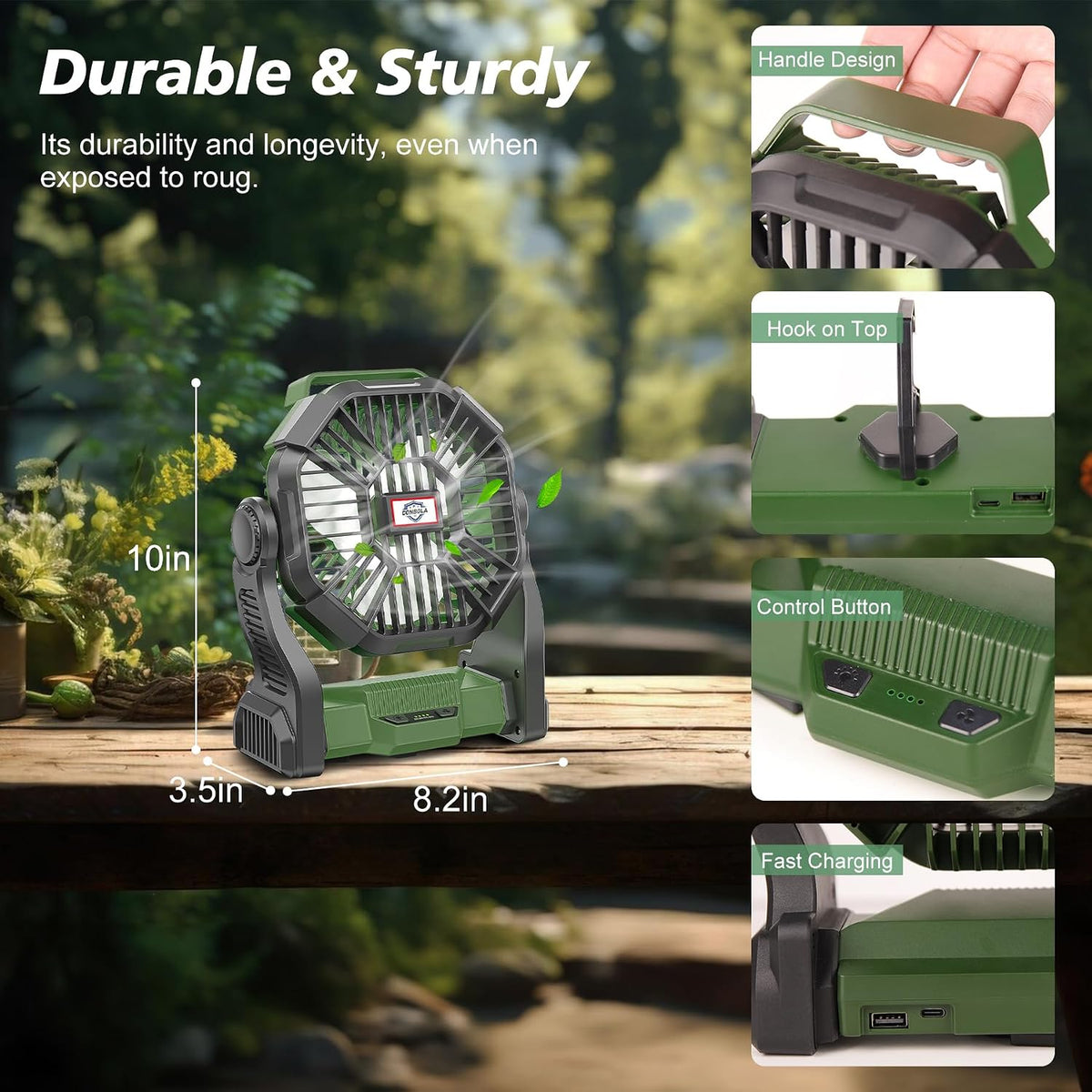CONBOLA Portable Fan Rechargeable, 25400mAh Cordless Battery Powered Fan with LED Lantern, USB C Battery Operated for Travel Bedroom Home Camping Tent Office Beach Desk Fishing Table - Image 6