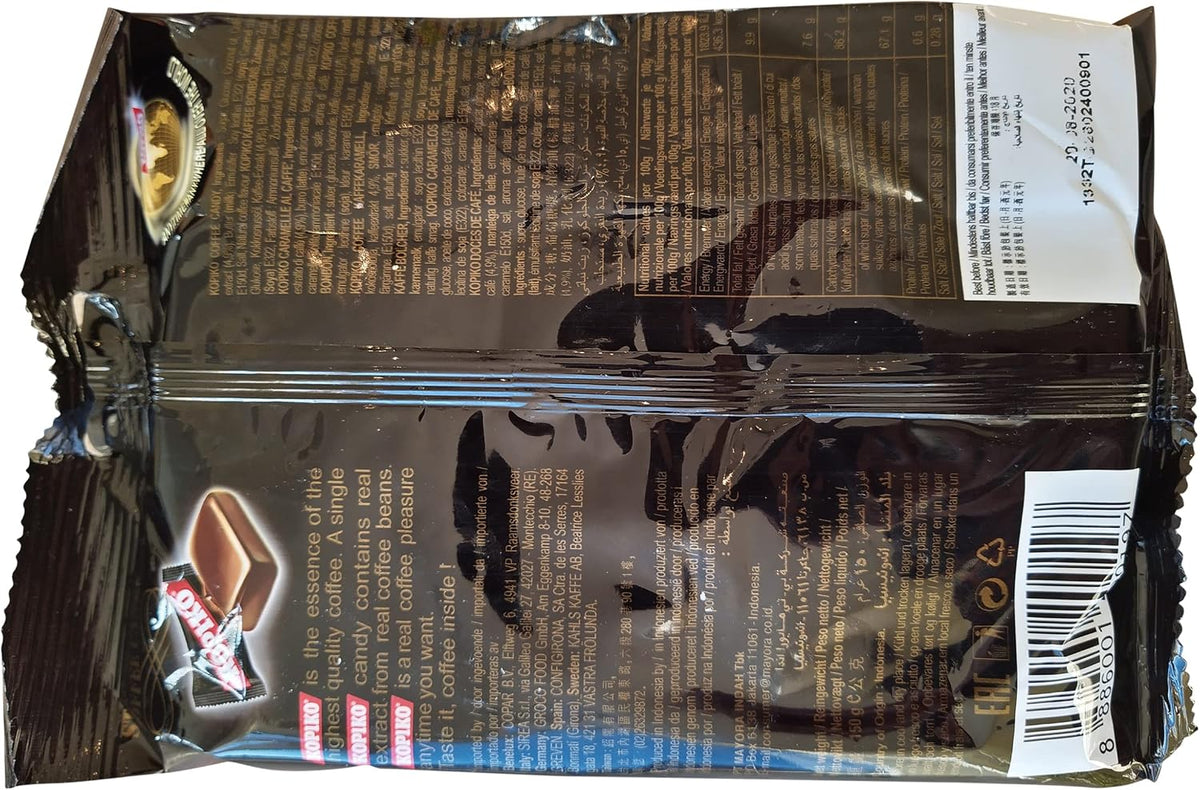 Open pouch of Kopiko coffee candy showing texture and shape