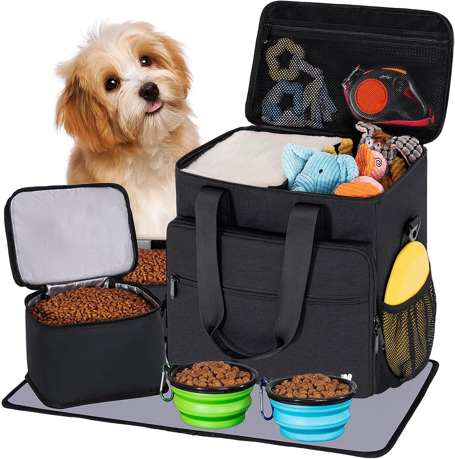 LASUK Dog Travel Bag front view displaying the premium black multi-function pet organizer kit.