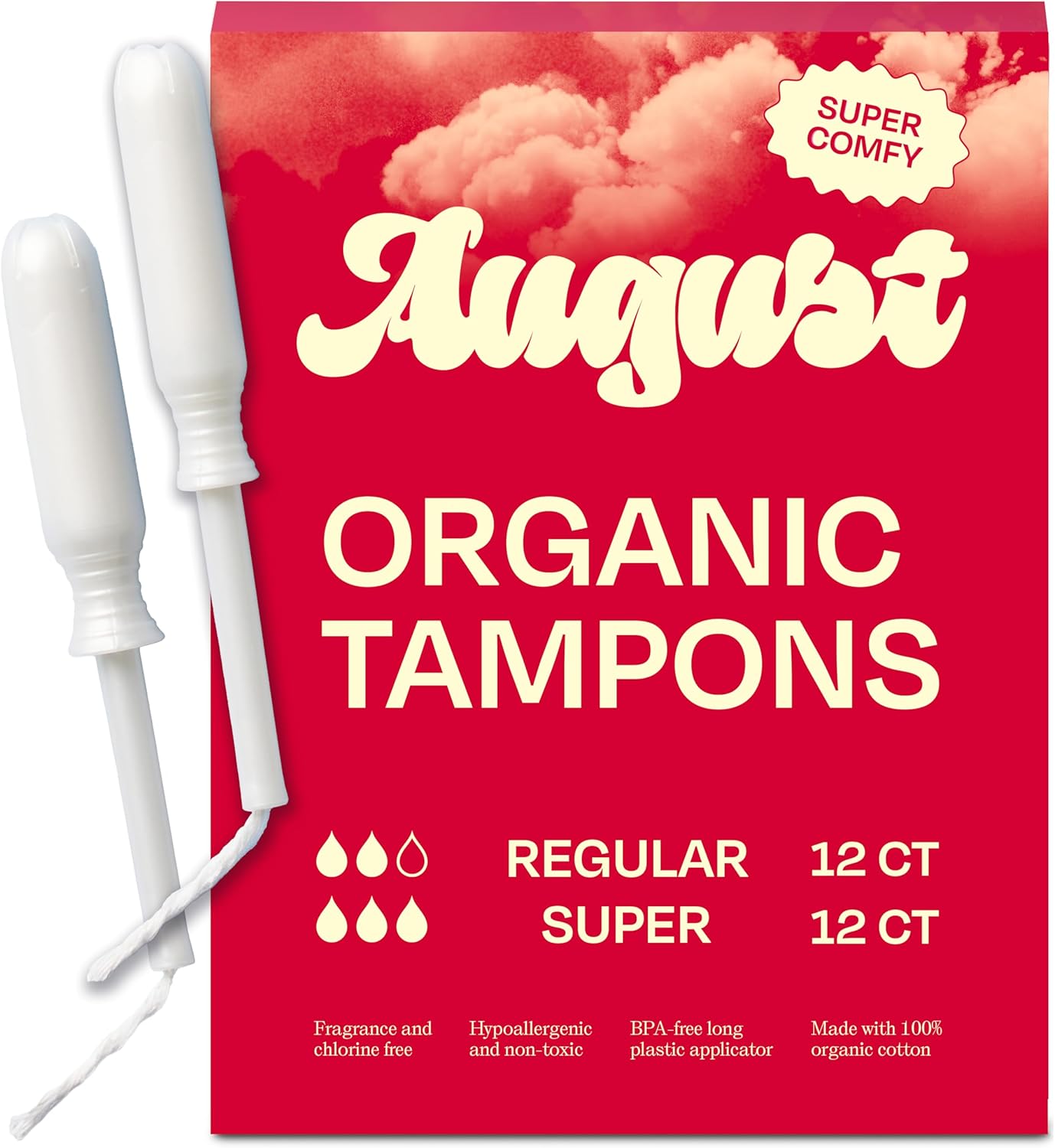 August Super + Regular Tampons - 24-Pack (12 + 12) 100% Organic Cotton Tampons for Women and Anyone Who Menstruates, Non-Toxic, Fragrance-Free, and Hypoallergenic with Long Applicators - Image 1
