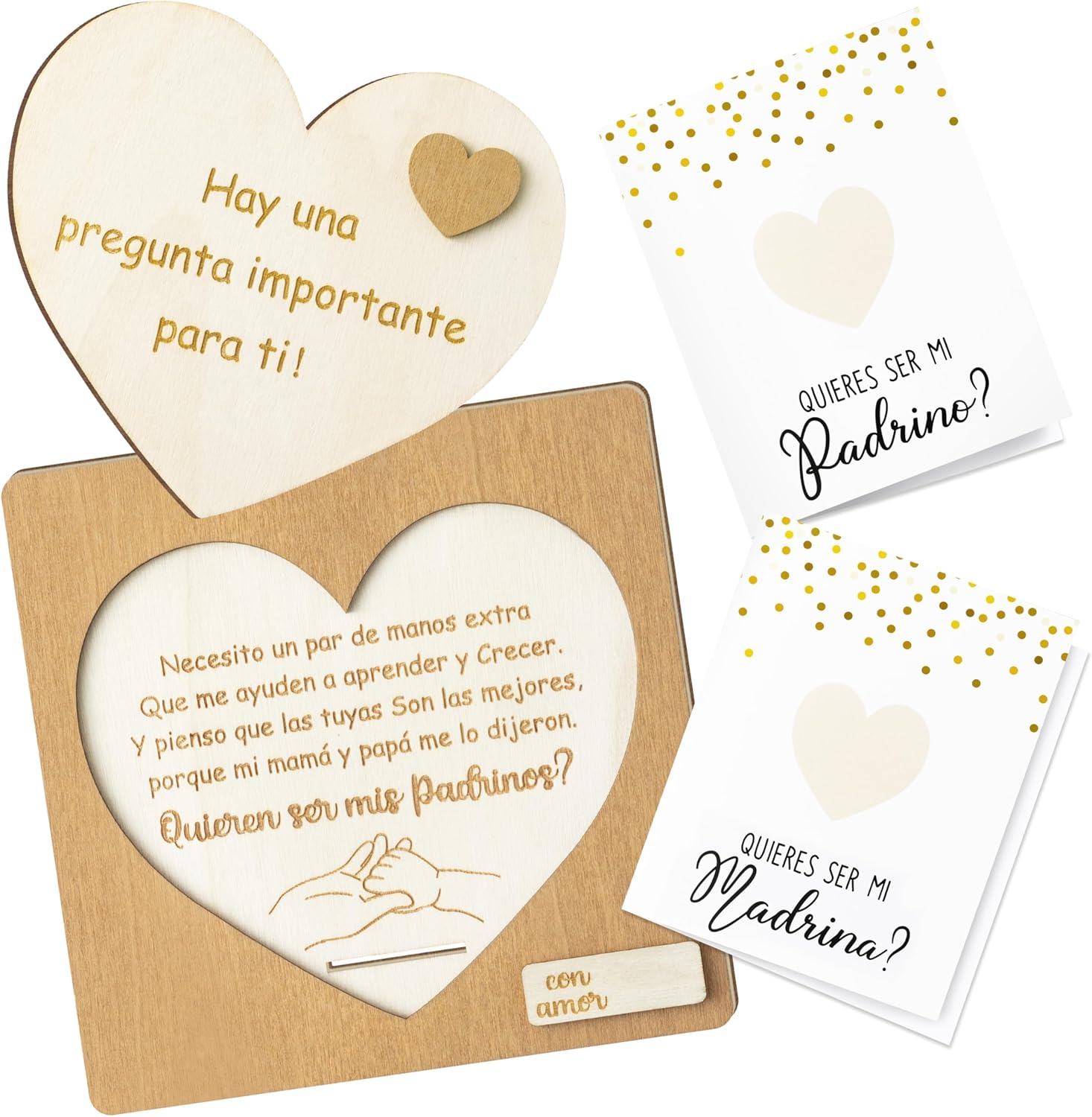 CJiangpo godparents proposal gift set front view featuring the wooden puzzle plaque and Spanish announcement cards.