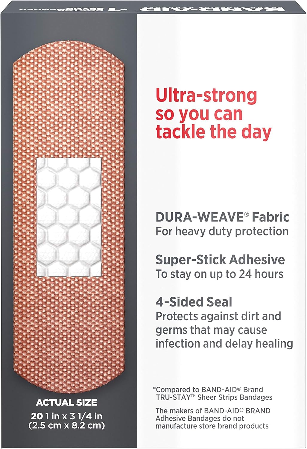 Band-Aid Tough-Strips 20 count package side angle view
