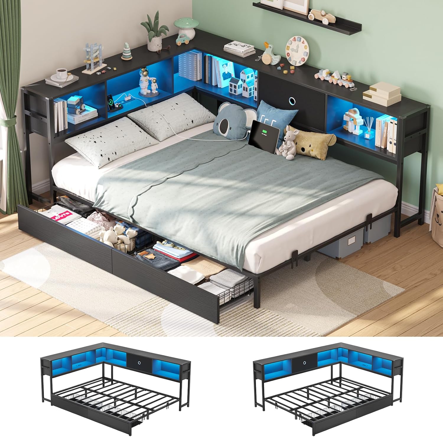 Hasuit full corner bed frame front view showcasing black metal finish and bookcase storage.