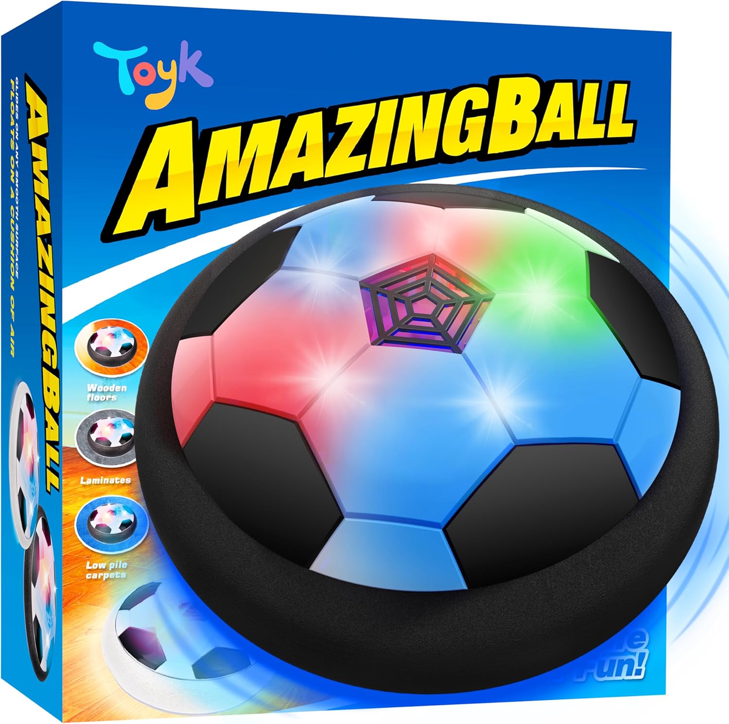 Toyk LED Hover Soccer Ball front view glowing on hardwood floor