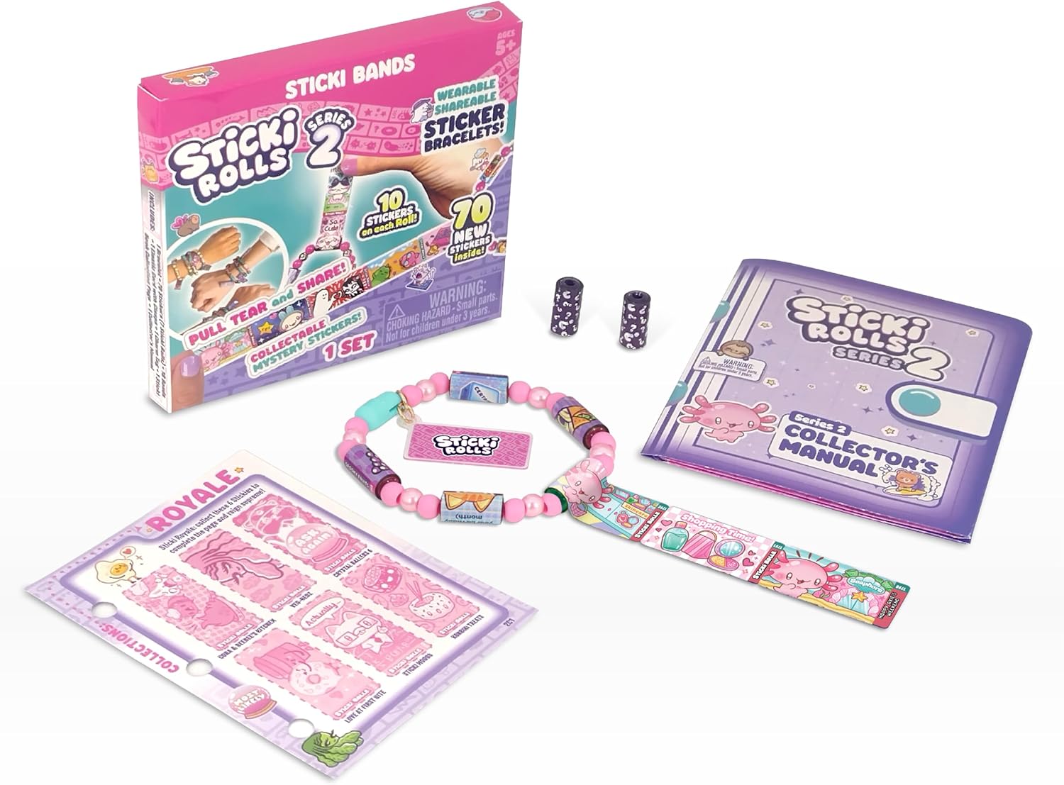 Sky Castle STICKI Rolls Sticki Bands sticker bracelet front view featuring pink beads and holographic sticker rolls.