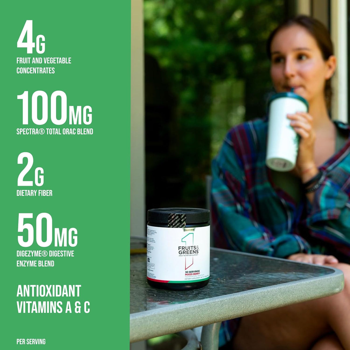 Rule 1 dietary supplement scoop showing fine powder texture