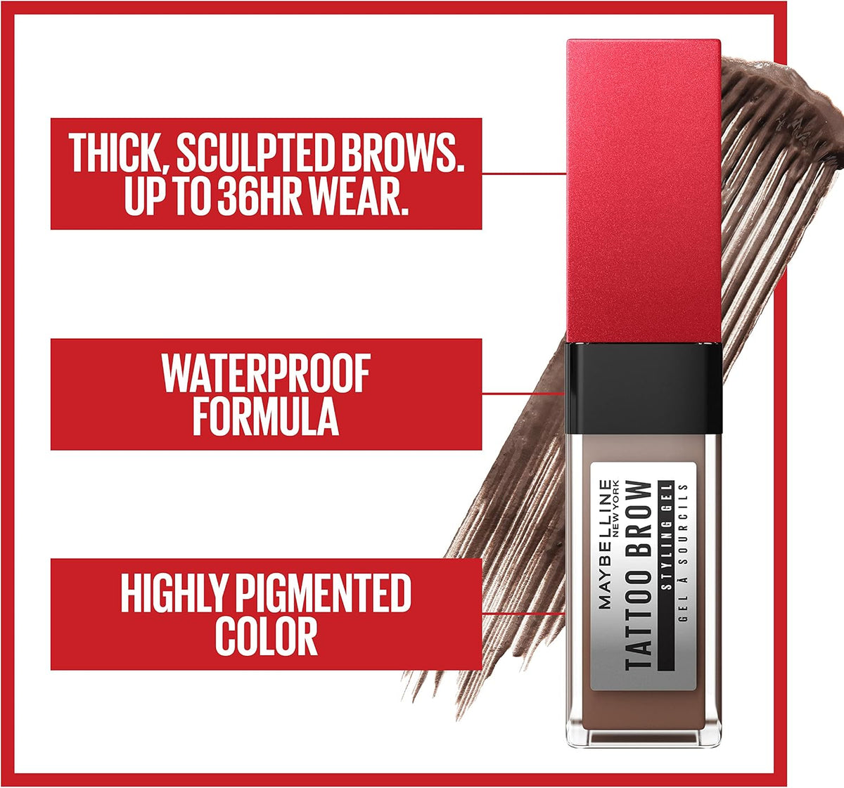 Side profile of Maybelline Tattoo Studio brow gel bottle