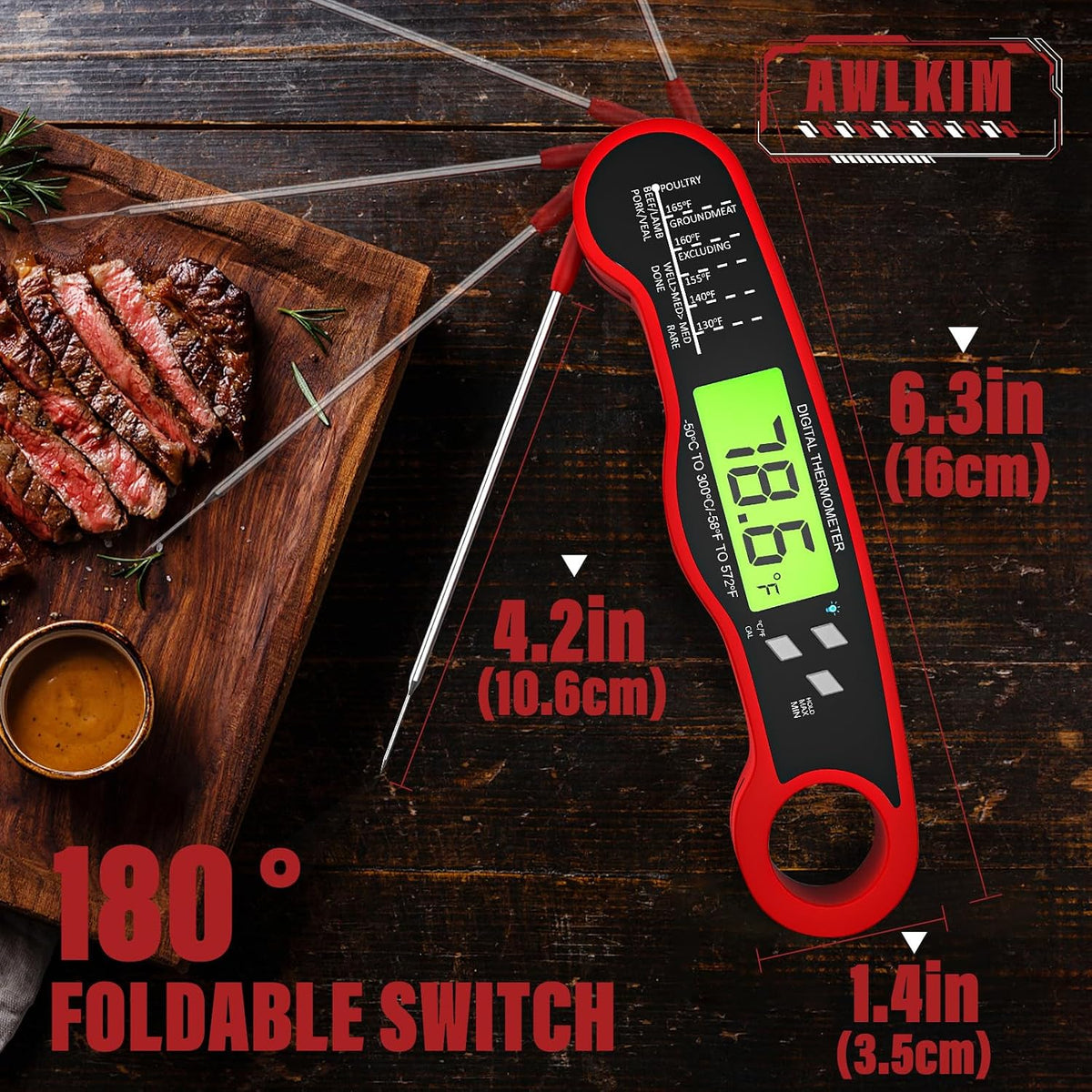 AWLKIM instant read thermometer backlit screen