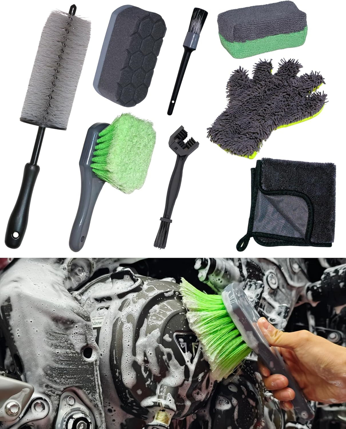 Oesee 8 pack motorcycle cleaning kit authentic USA import full detailing set front view.