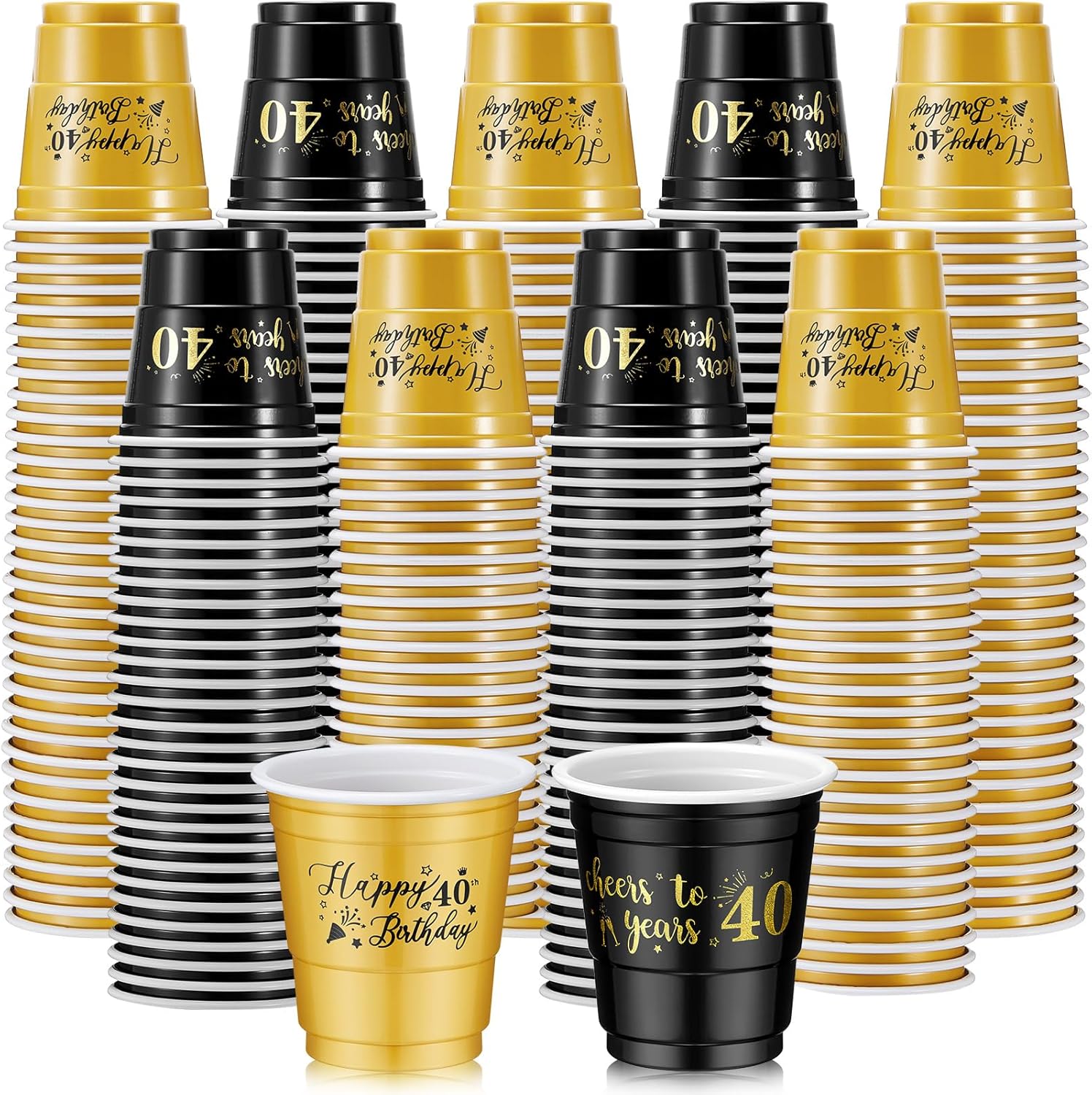 Ziliny 40th Birthday Plastic Shot Glasses front view featuring Cheers to 40 Years gold print.