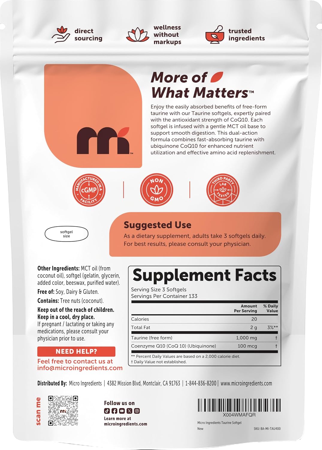 Micro Ingredients Taurine supplement highlighting non-GMO certification seal