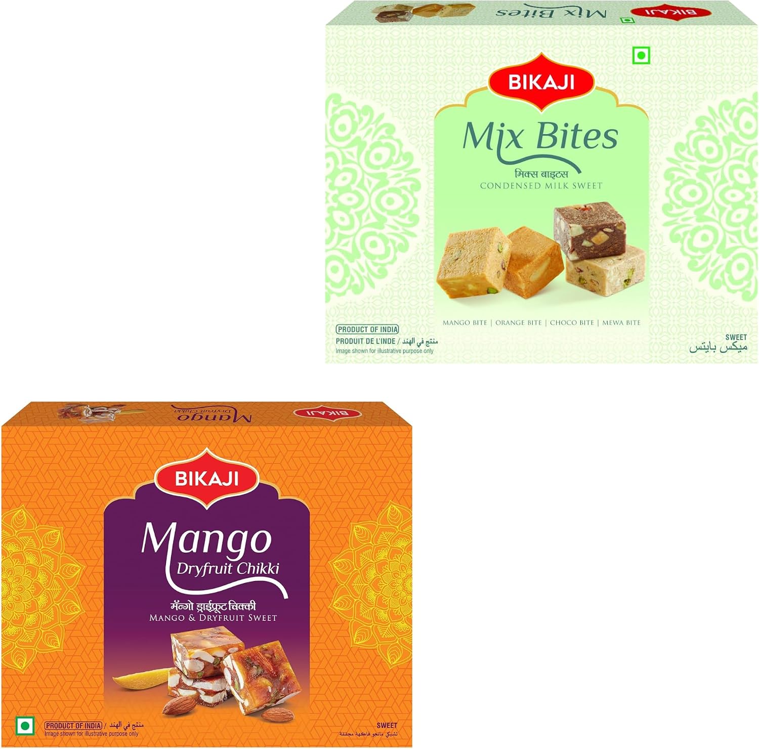 Bikaji Mango Dryfruit Chikki and Mix Bites Combo Pack front view of festive sweet gift box.