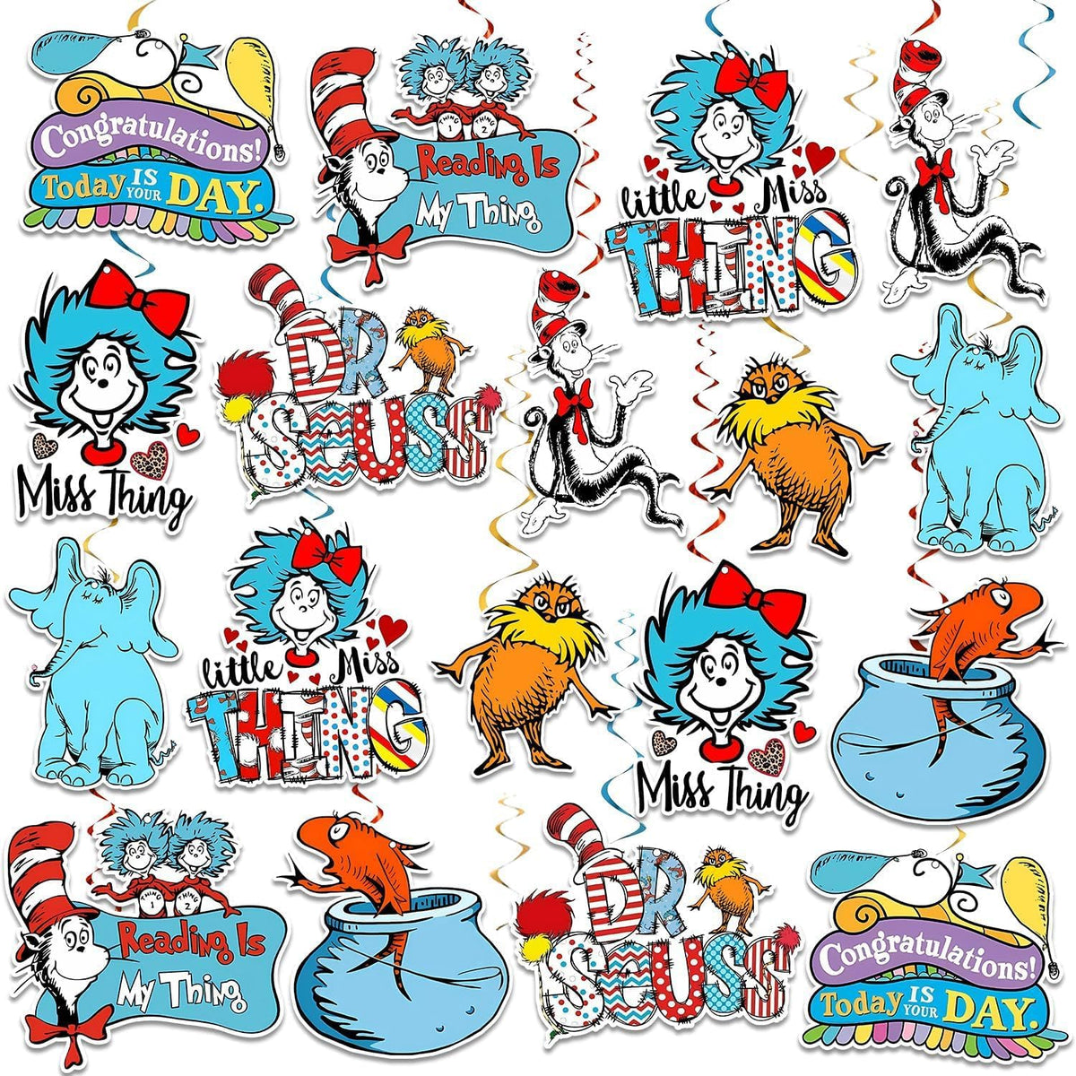Tetcuican Dr Seuss birthday decorations blue theme hanging swirls packaged front view