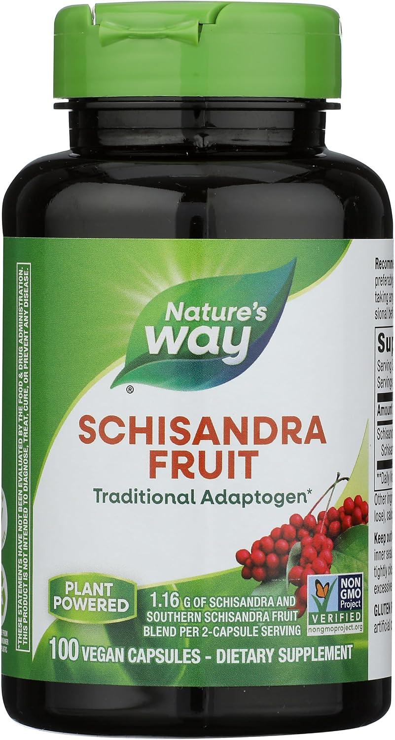 Nature's Way Schisandra Fruit 100 vegetarian capsules bottle front view import supplement