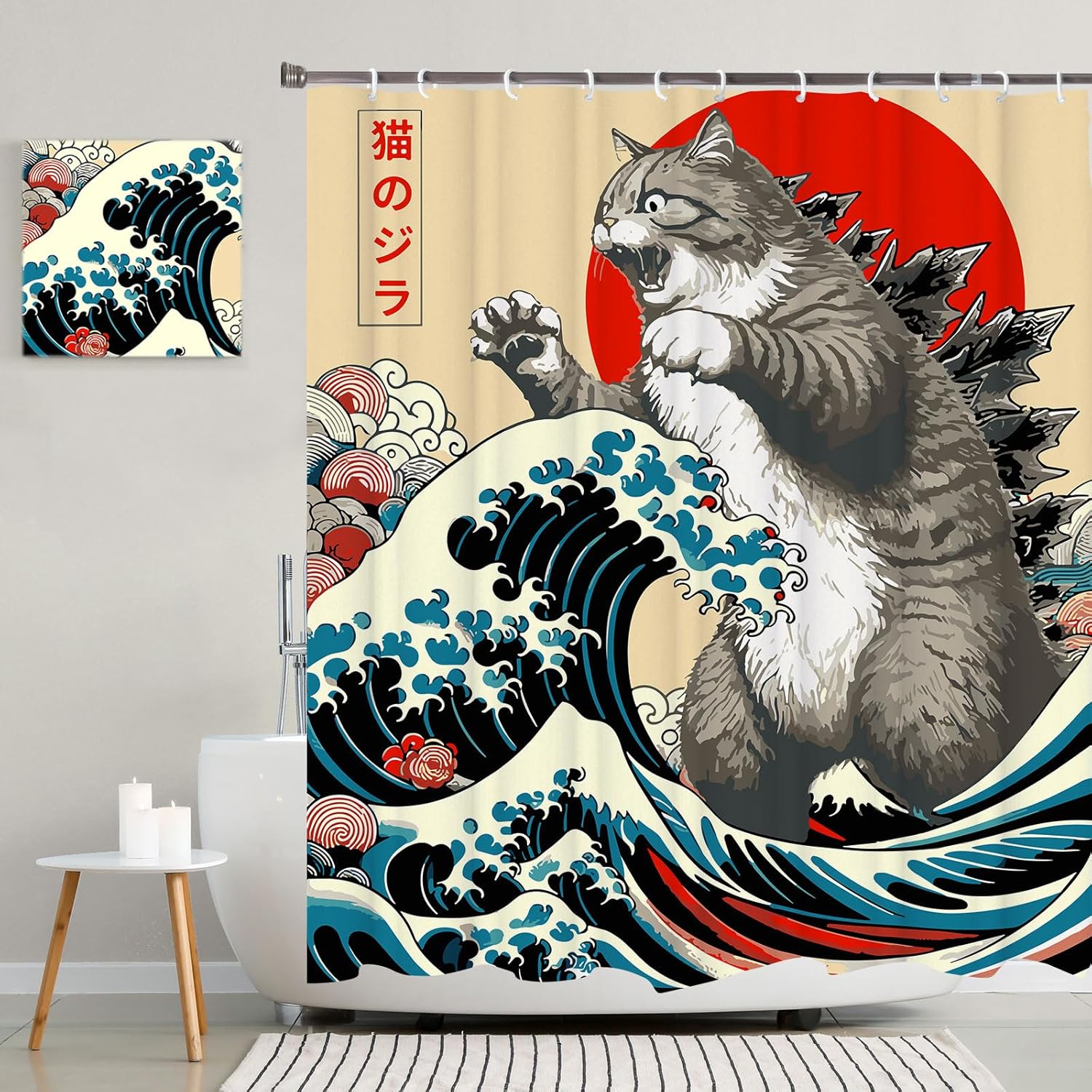 LKFBSC funny Japanese cat shower curtain front view showing Catzilla anime sunset wave art design.