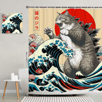 LKFBSC funny Japanese cat shower curtain front view showing Catzilla anime sunset wave art design.