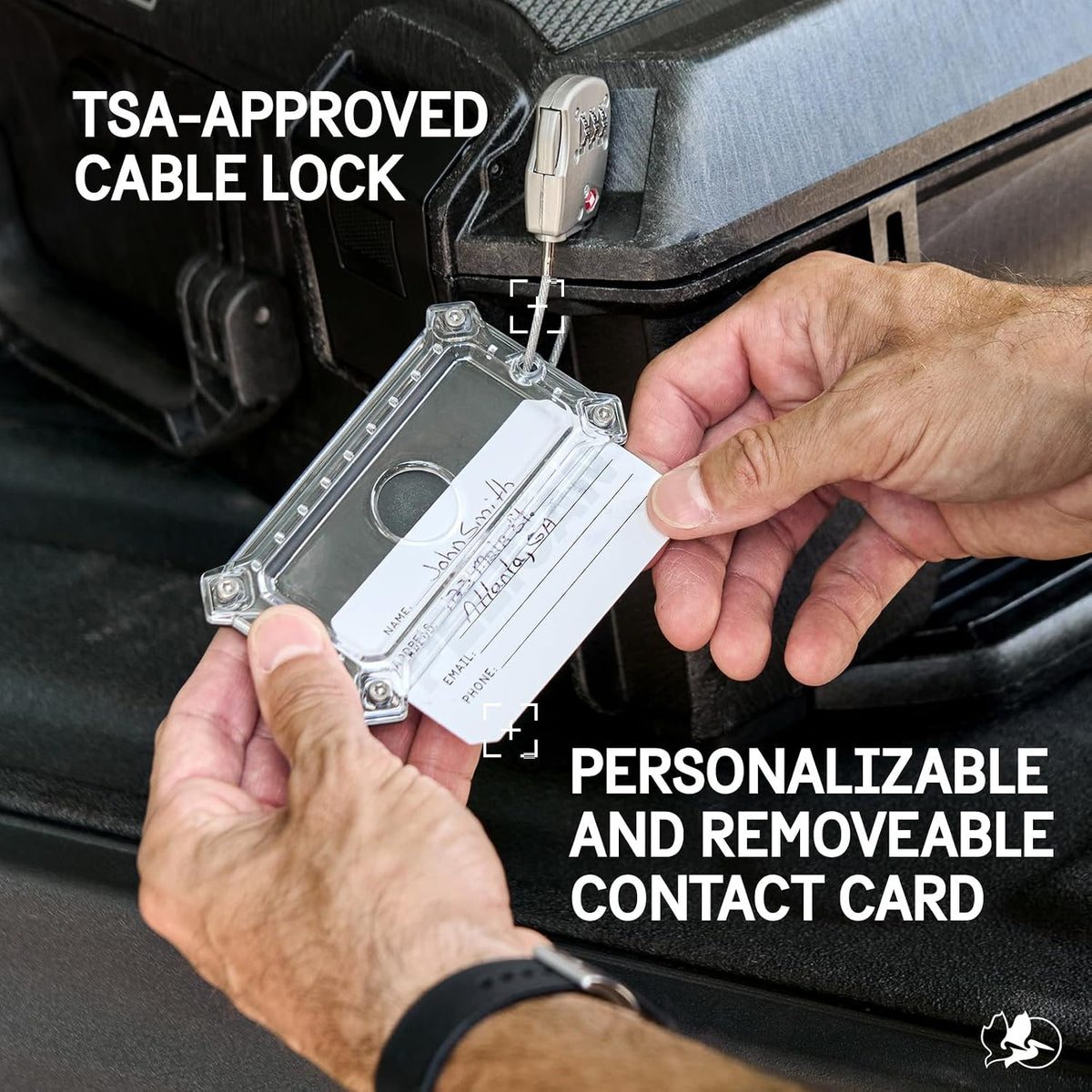 Pelican travel lock with stainless steel cable attached