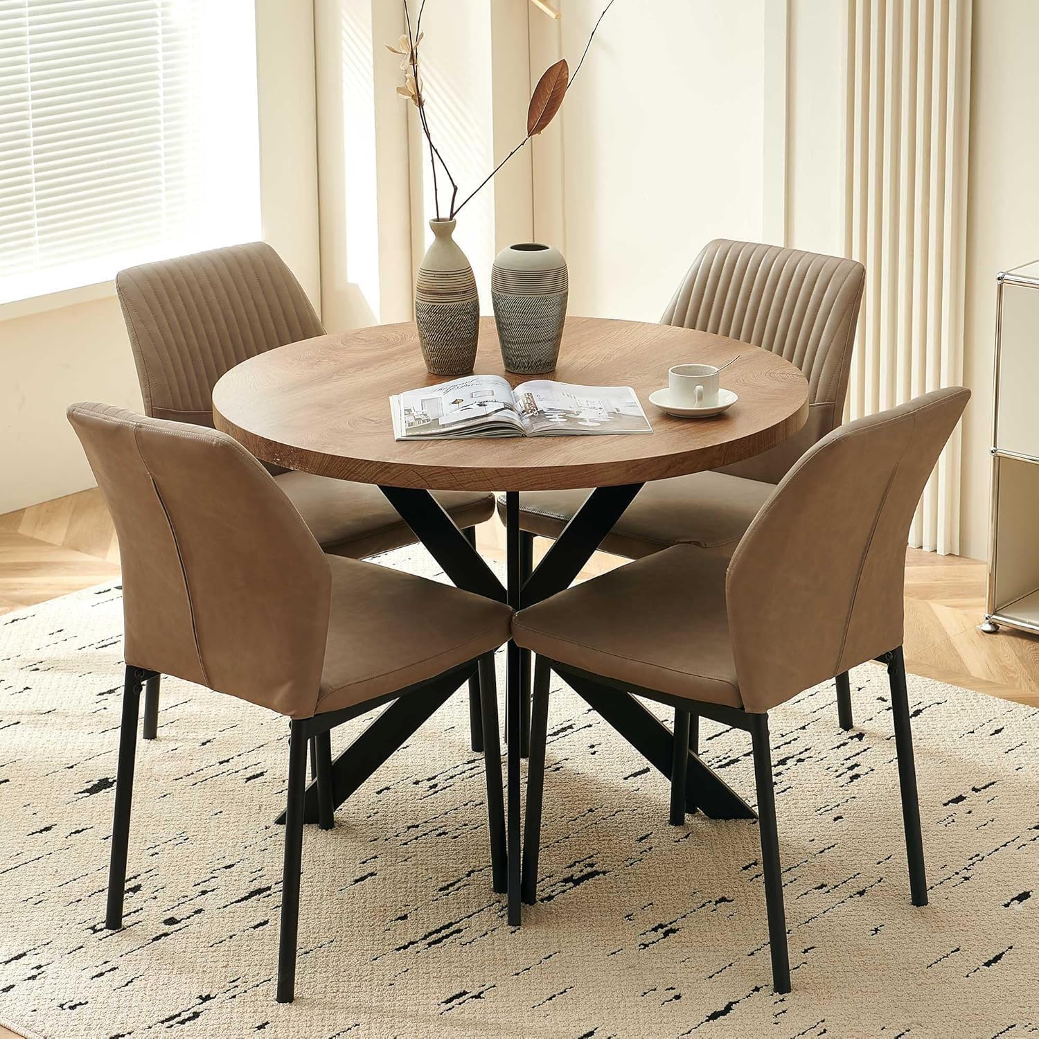 Pandolfini 37 Inch Round Dining Table Set front view with walnut tabletop and four beige chairs