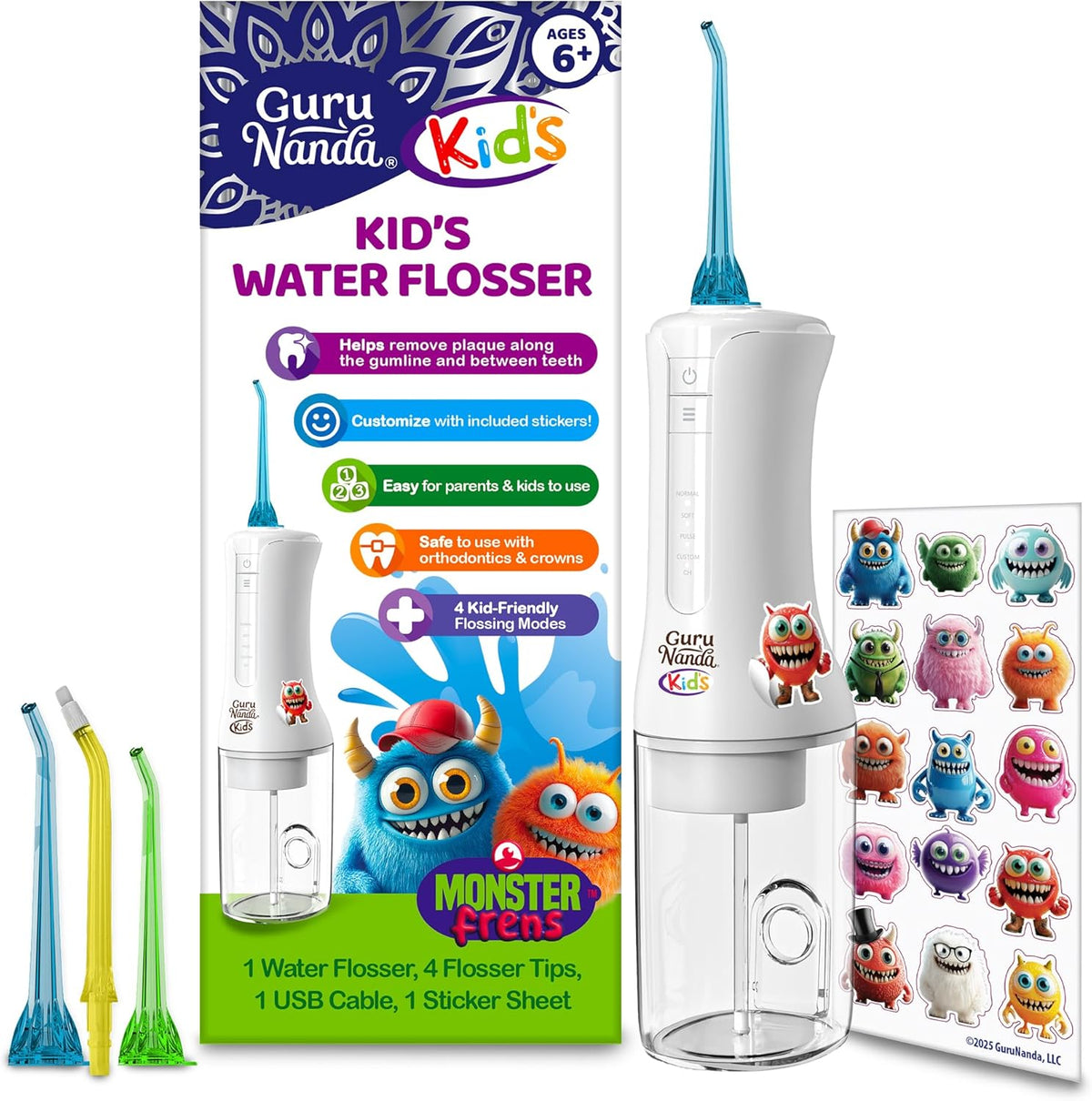 GuruNanda Kids Water Dental Flosser front view of Monster Frens design for children