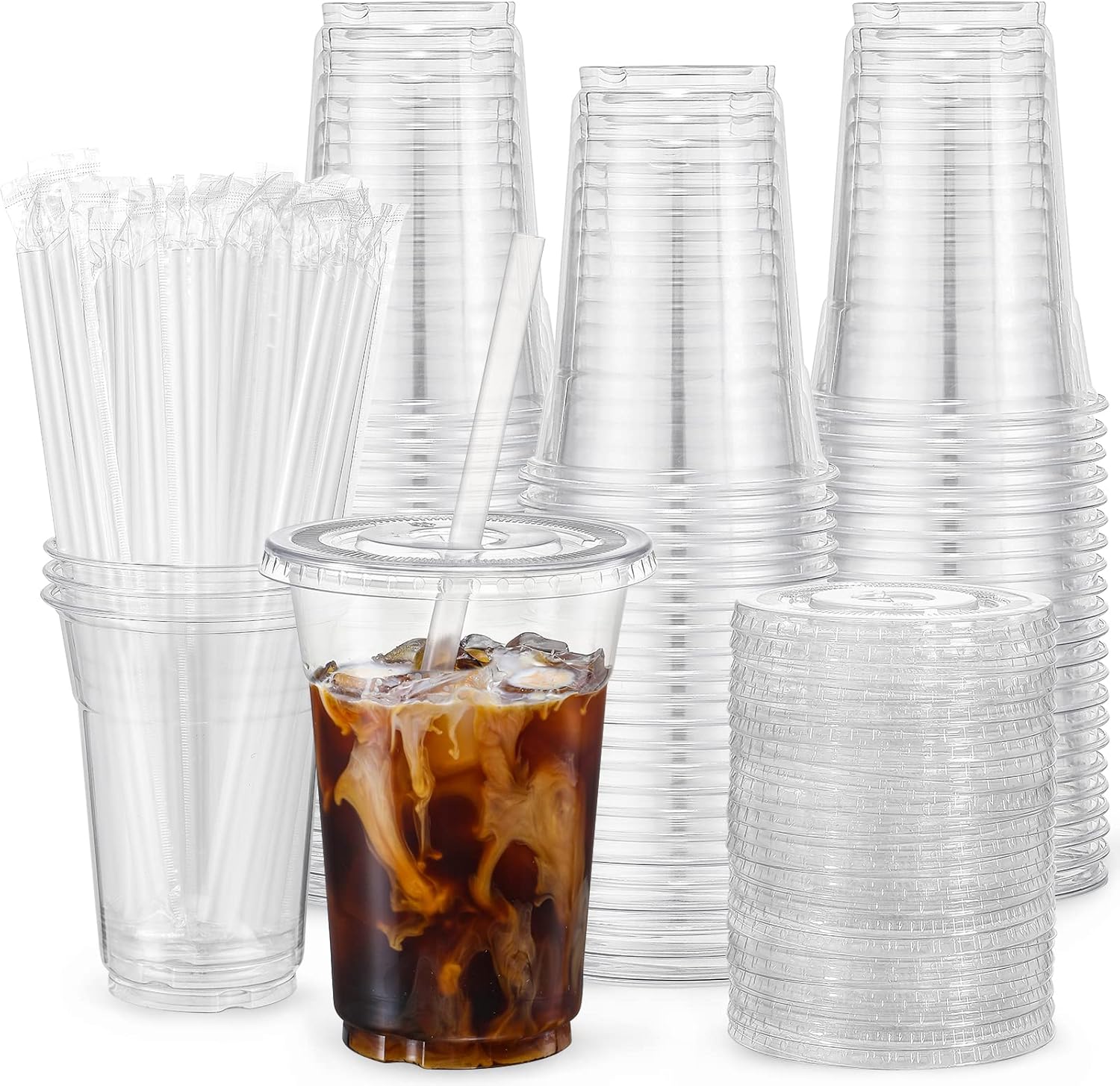 VITEVER [100 Sets - 16oz] Clear Plastic Cups with Lids and Straws, Disposable Iced Coffee Cups for Smoothie, Milkshake, Cold Drinks - BPA free - Image 1