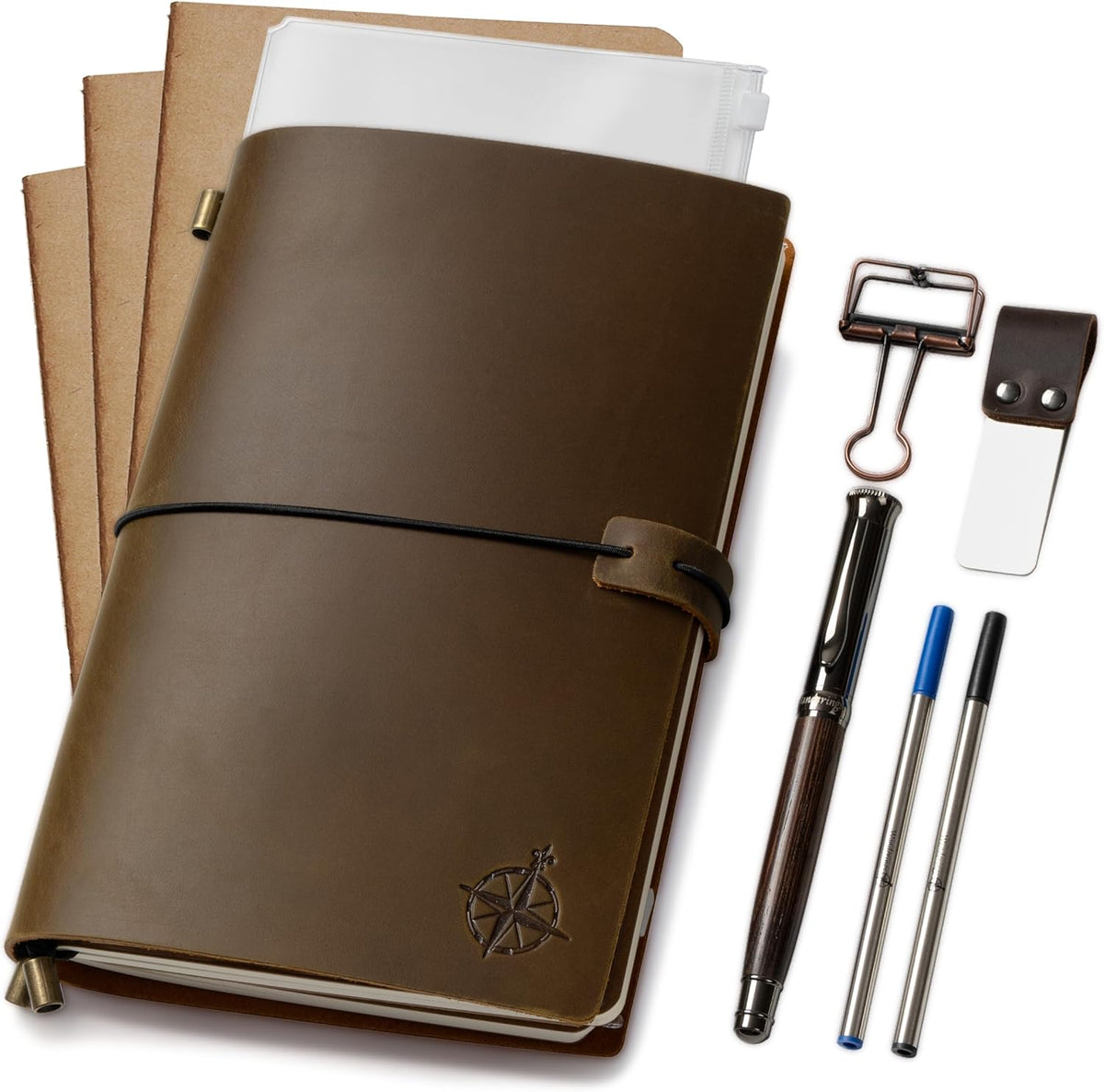 Wanderings A5 Travelers Notebook handcrafted genuine leather journal cover front view featuring a compass rose design