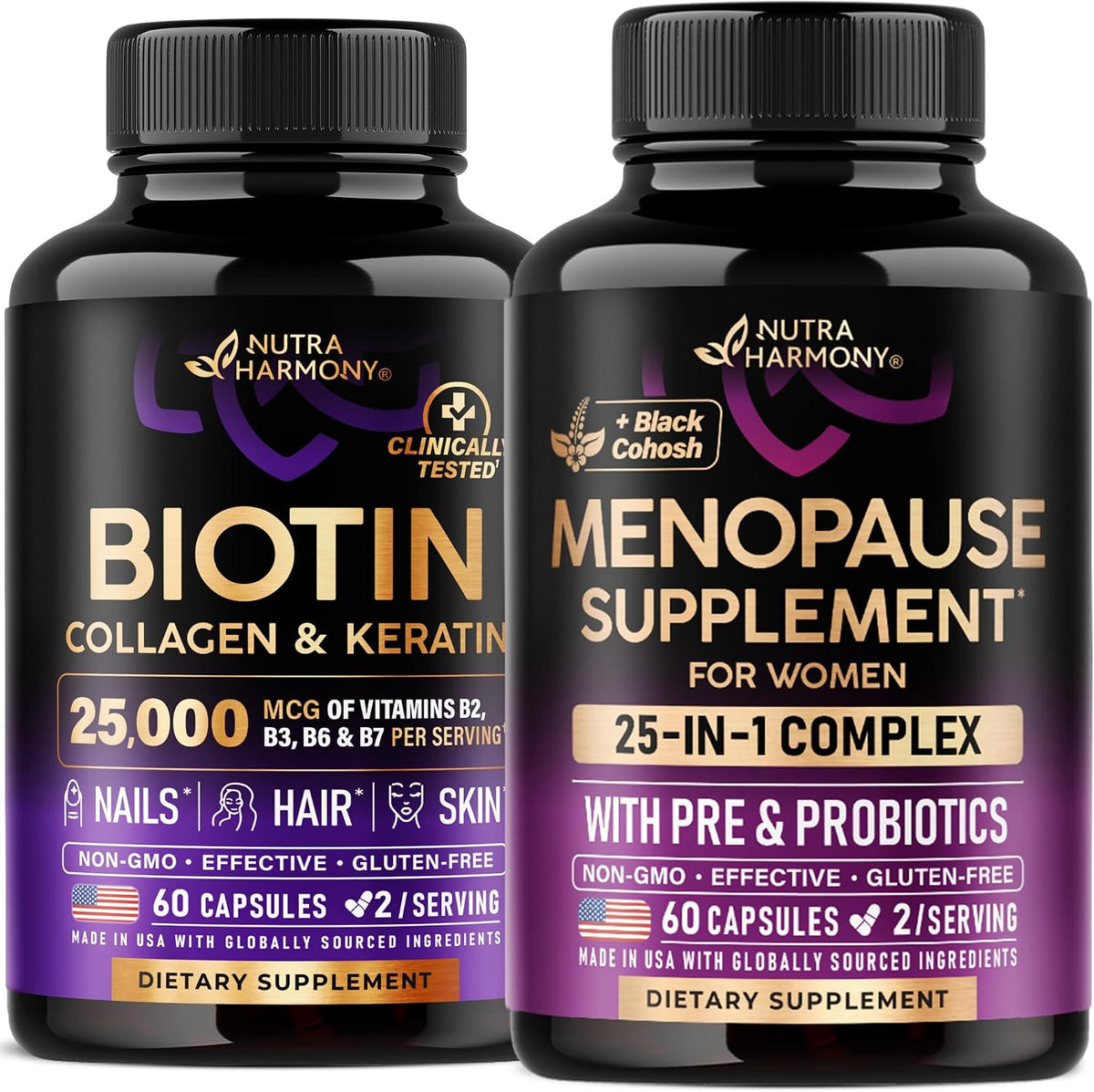Nutraharmony Biotin Collagen Keratin Menopause Capsules front view bottle