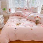 MorroMorn twin duvet cover cotton pink front view showcasing donut embroidery
