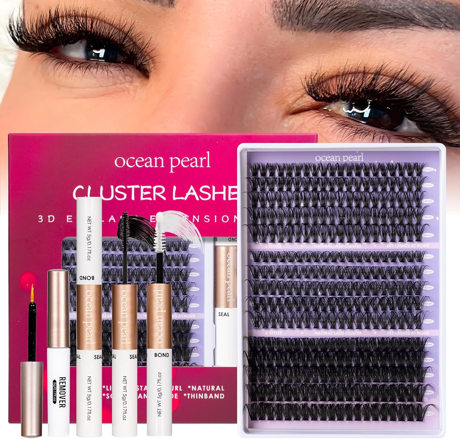 Ocean Pearl DIY Lash Extension Kit front packaging showing three hundred pieces of individual cluster lashes.
